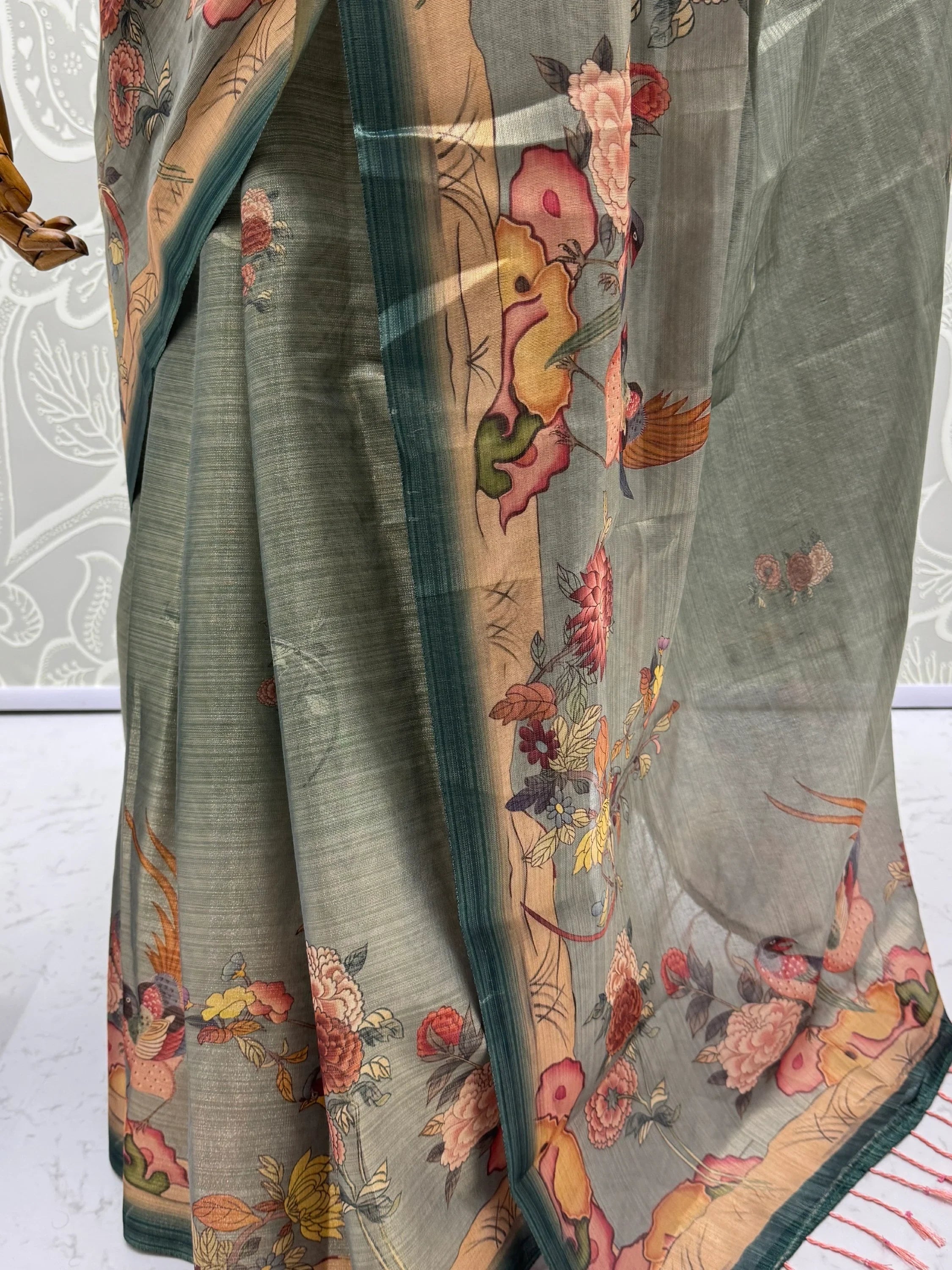Dazzling Teal Green Floral Printed Silk Traditional Saree With Blouse