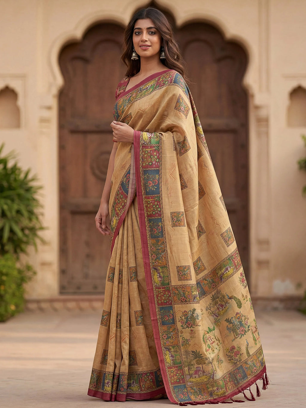 Delightful Beige Printed Silk Wedding Wear Saree With Blouse