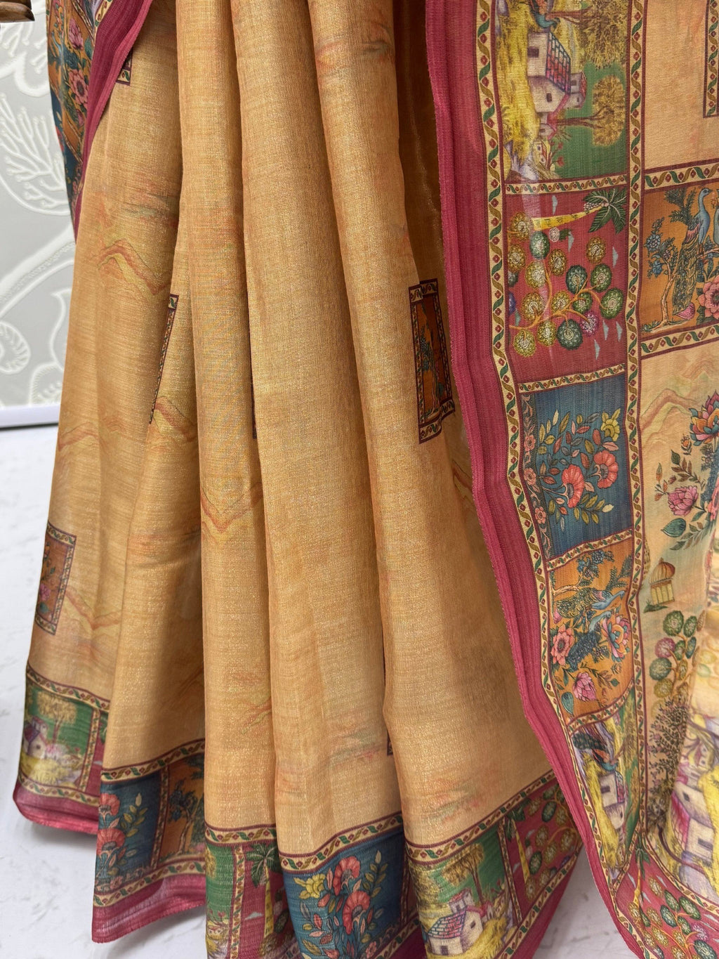 Delightful Beige Printed Silk Wedding Wear Saree With Blouse