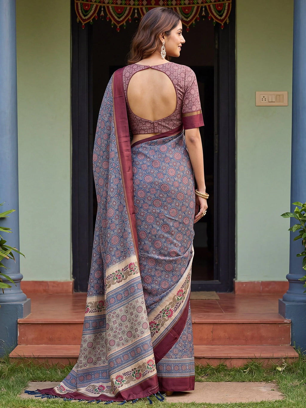 Navy Enchanting Printed Silk Festive Wear Saree With Blouse