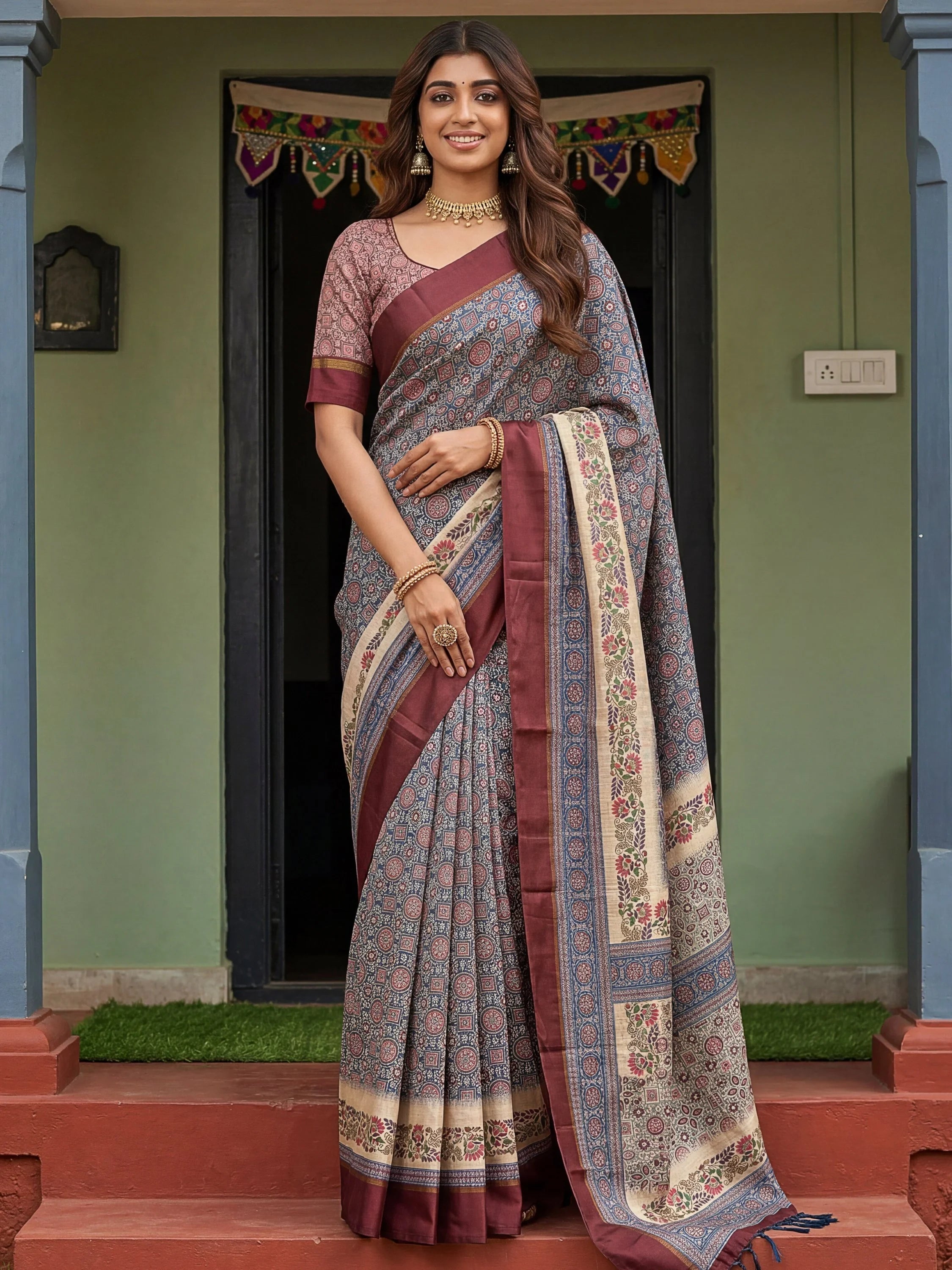 Navy Enchanting Printed Silk Festive Wear Saree With Blouse
