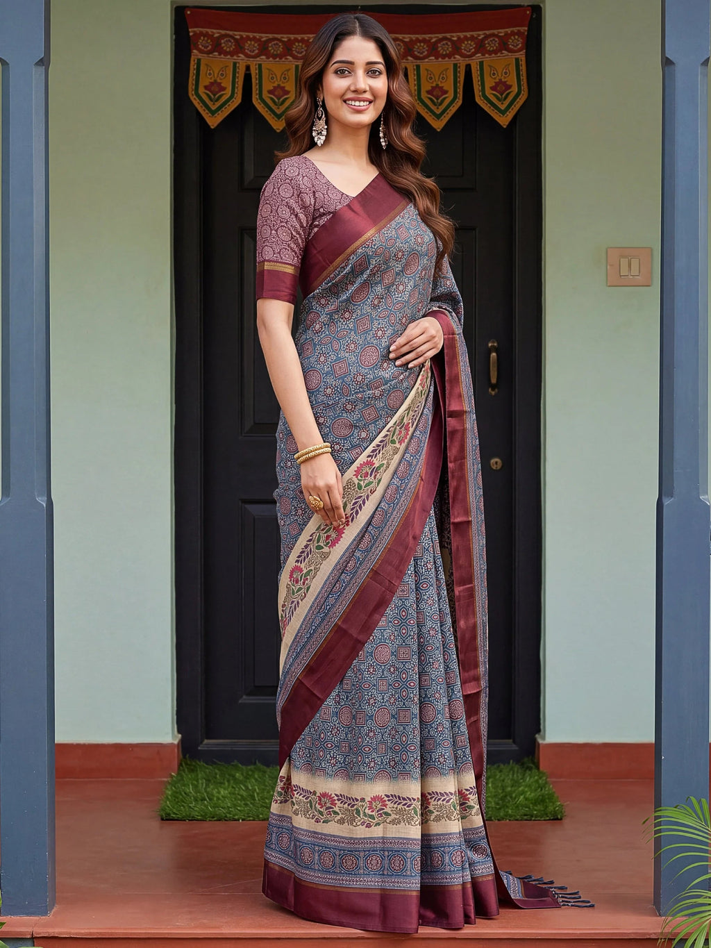 Navy Enchanting Printed Silk Festive Wear Saree With Blouse