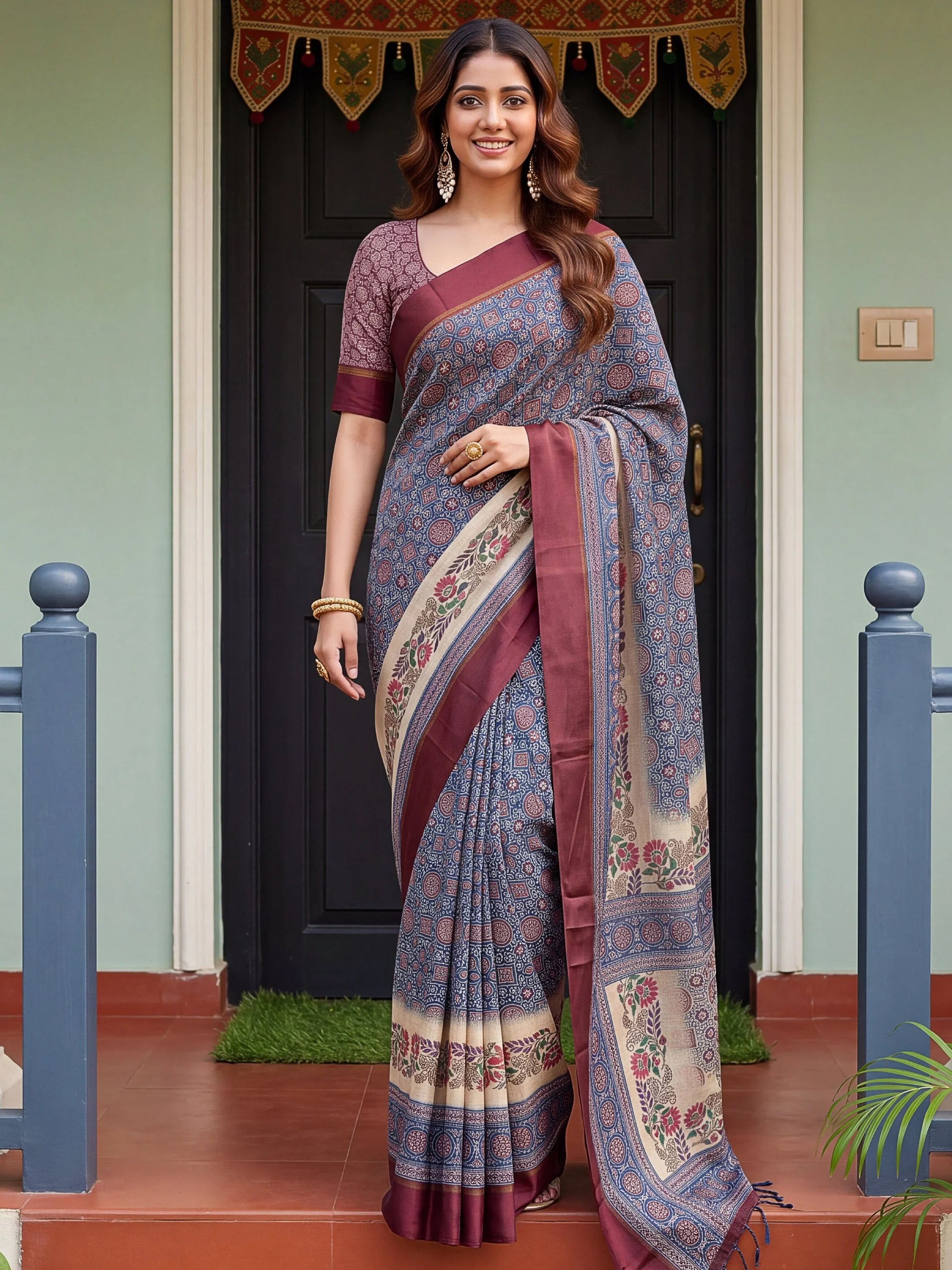Navy Enchanting Printed Silk Festive Wear Saree With Blouse