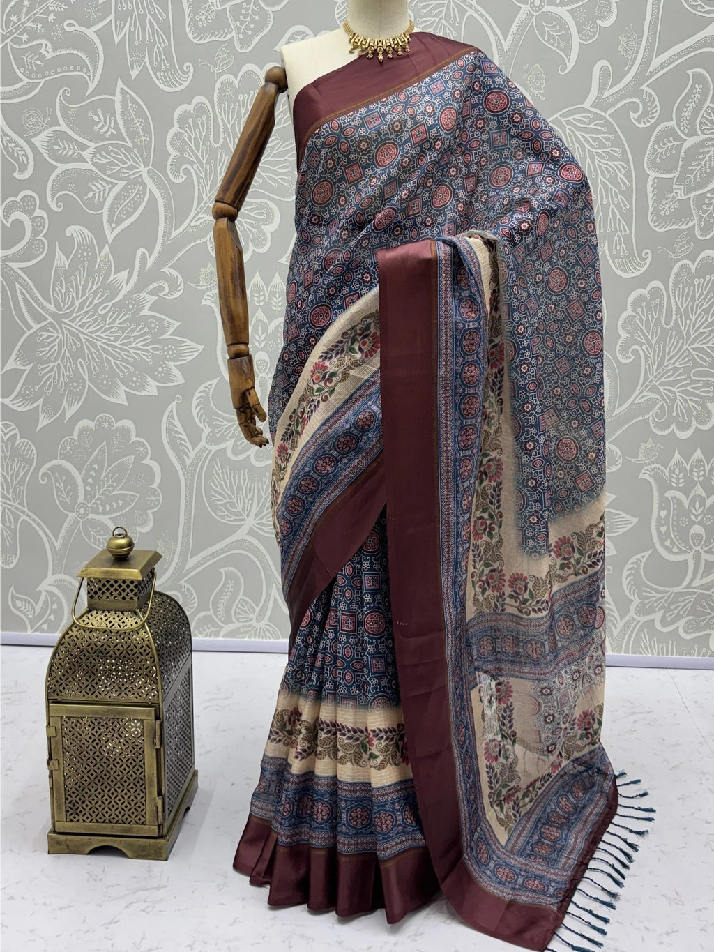 Navy Enchanting Printed Silk Festive Wear Saree With Blouse