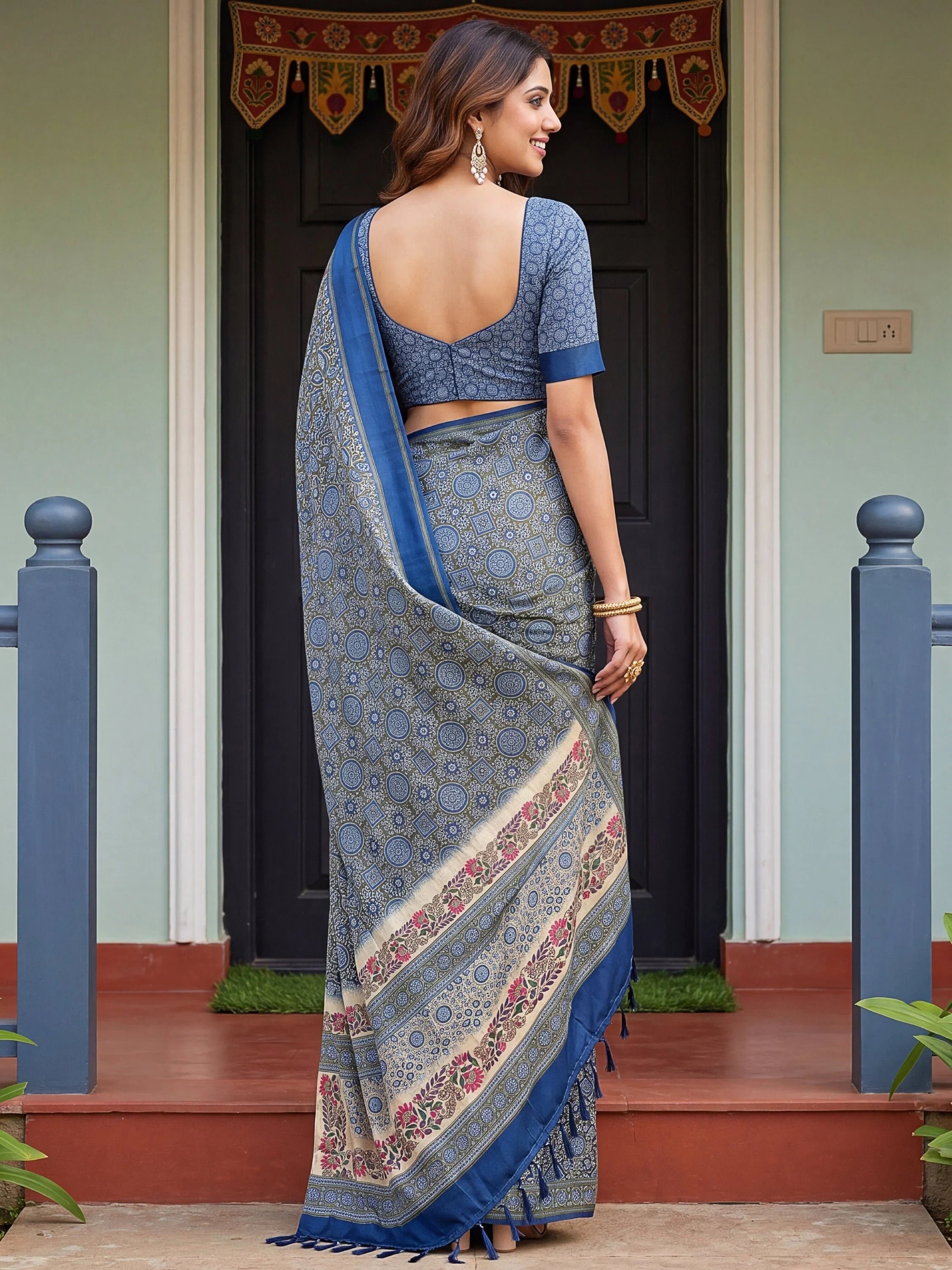 Olive Enchanting Printed Silk Festive Wear Saree With Blouse