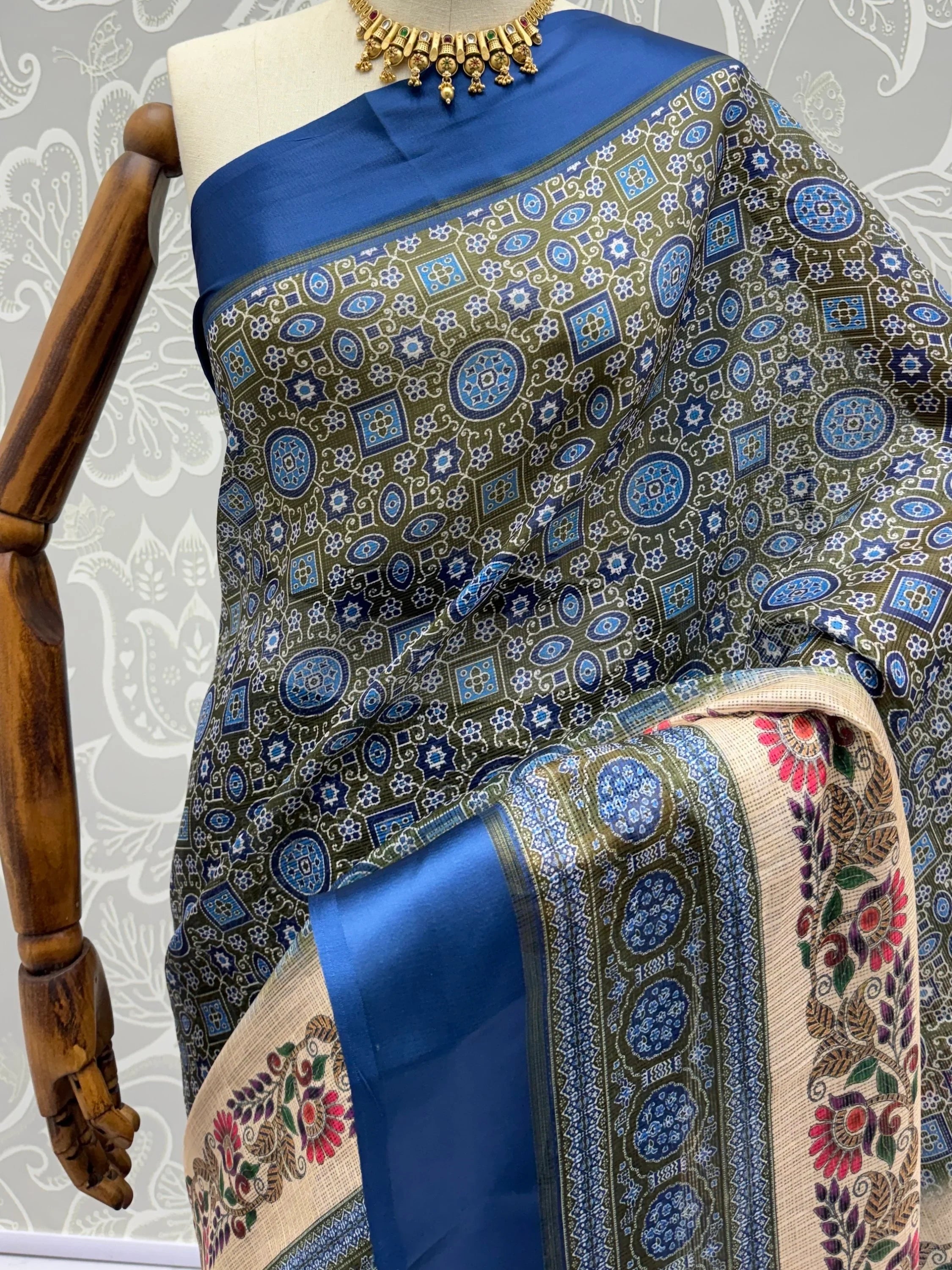 Olive Enchanting Printed Silk Festive Wear Saree With Blouse