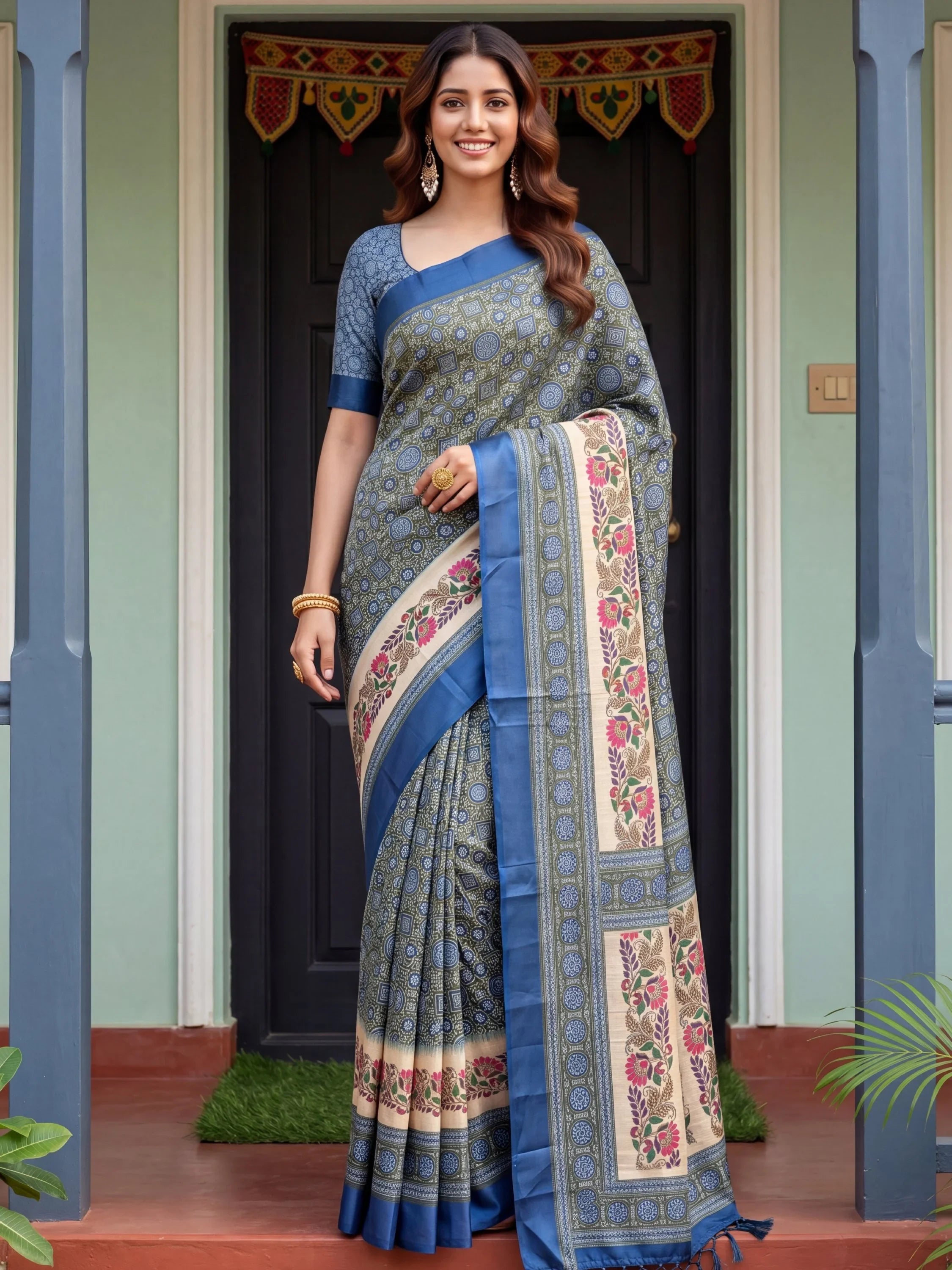 Olive Enchanting Printed Silk Festive Wear Saree With Blouse