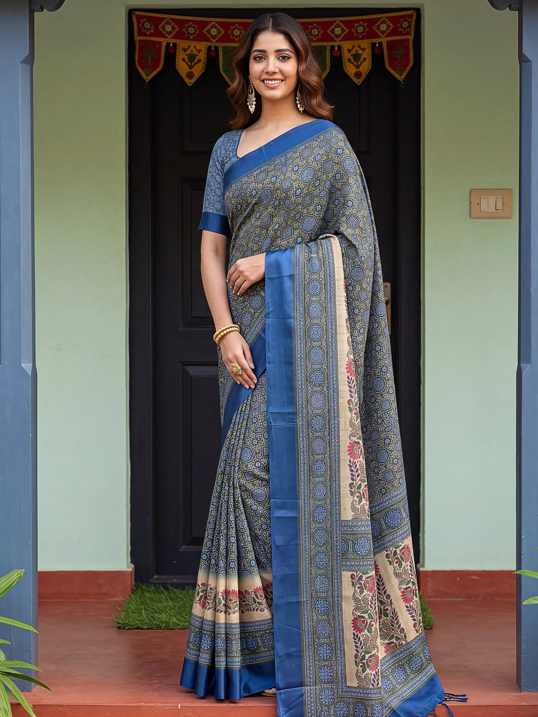Olive Enchanting Printed Silk Festive Wear Saree With Blouse