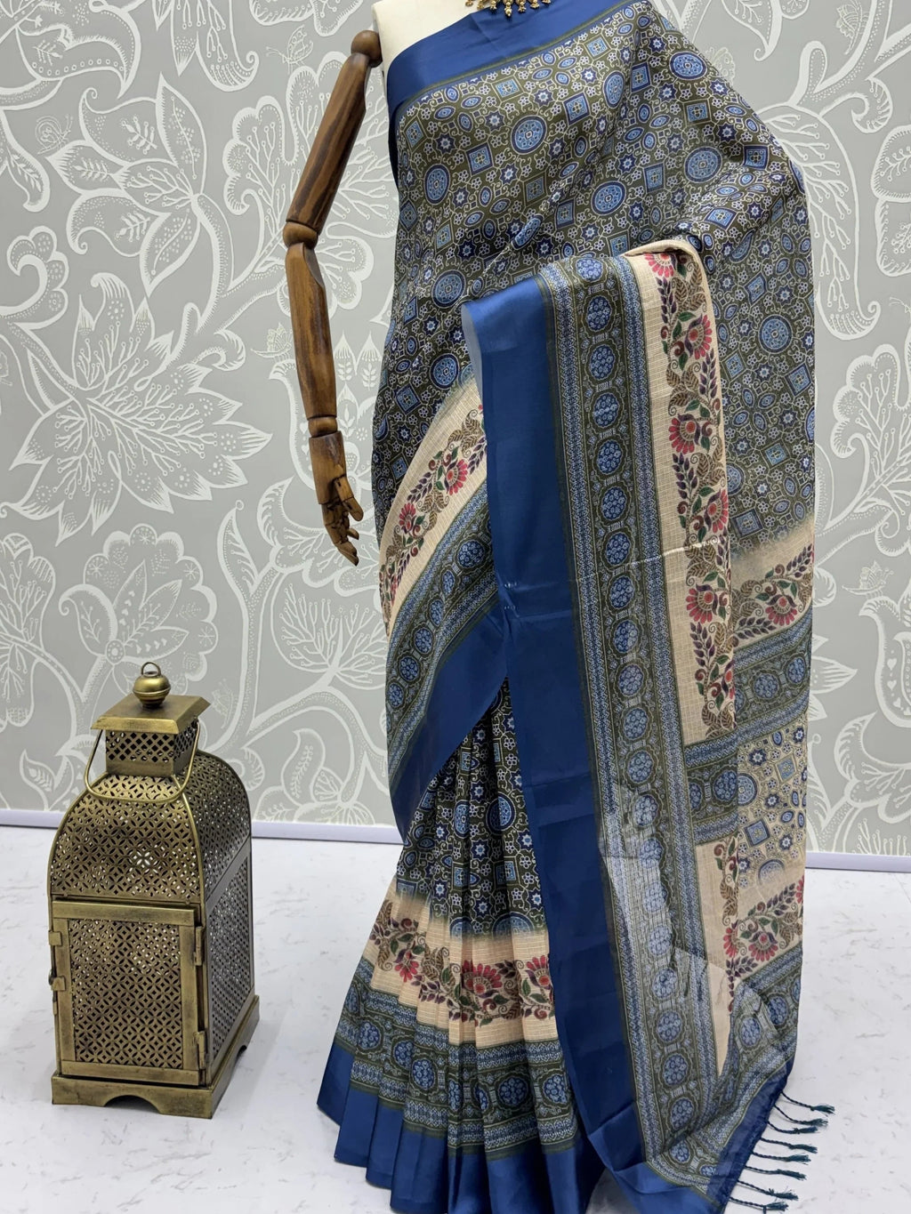 Olive Enchanting Printed Silk Festive Wear Saree With Blouse