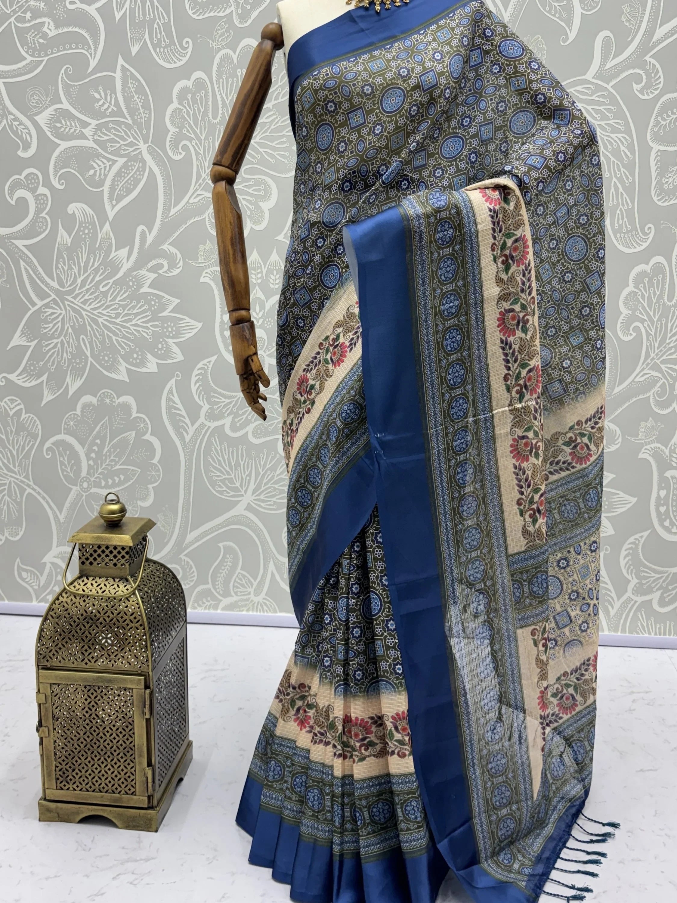 Olive Enchanting Printed Silk Festive Wear Saree With Blouse