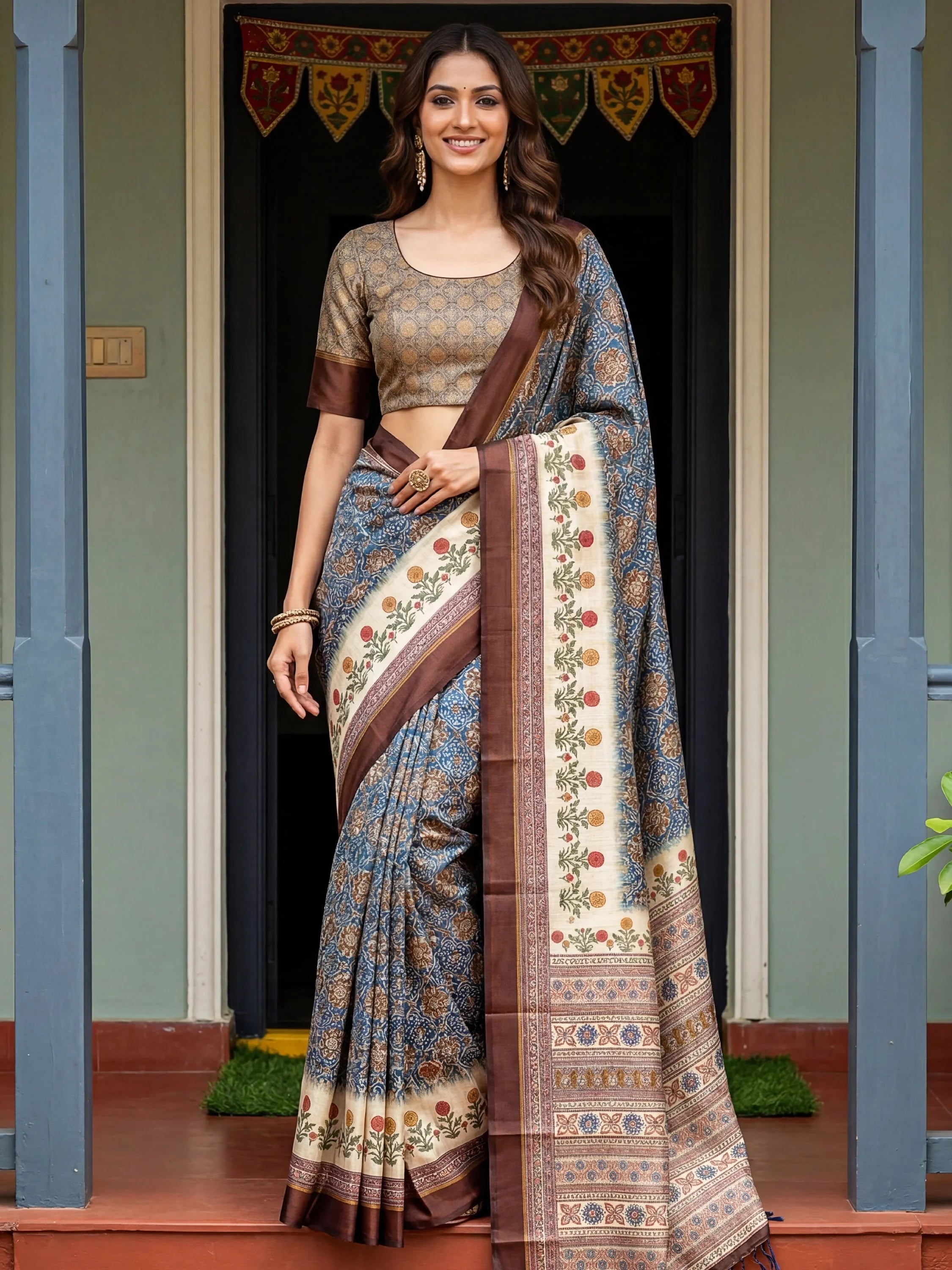 Blue Bewitching Digital Printed Silk Traditional Saree With Blouse