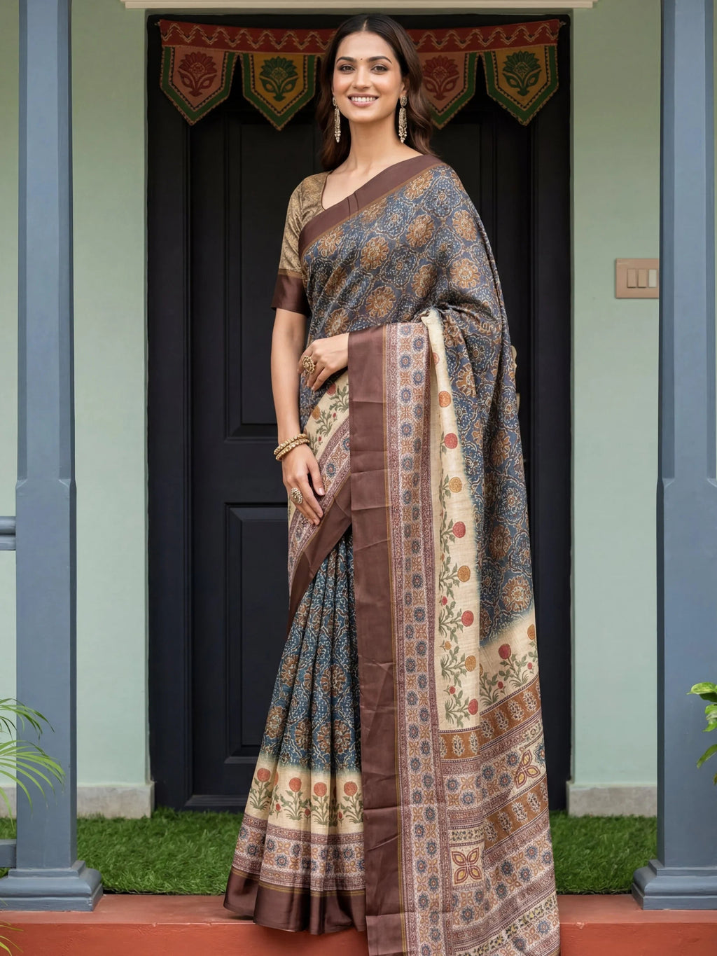 Blue Bewitching Digital Printed Silk Traditional Saree With Blouse