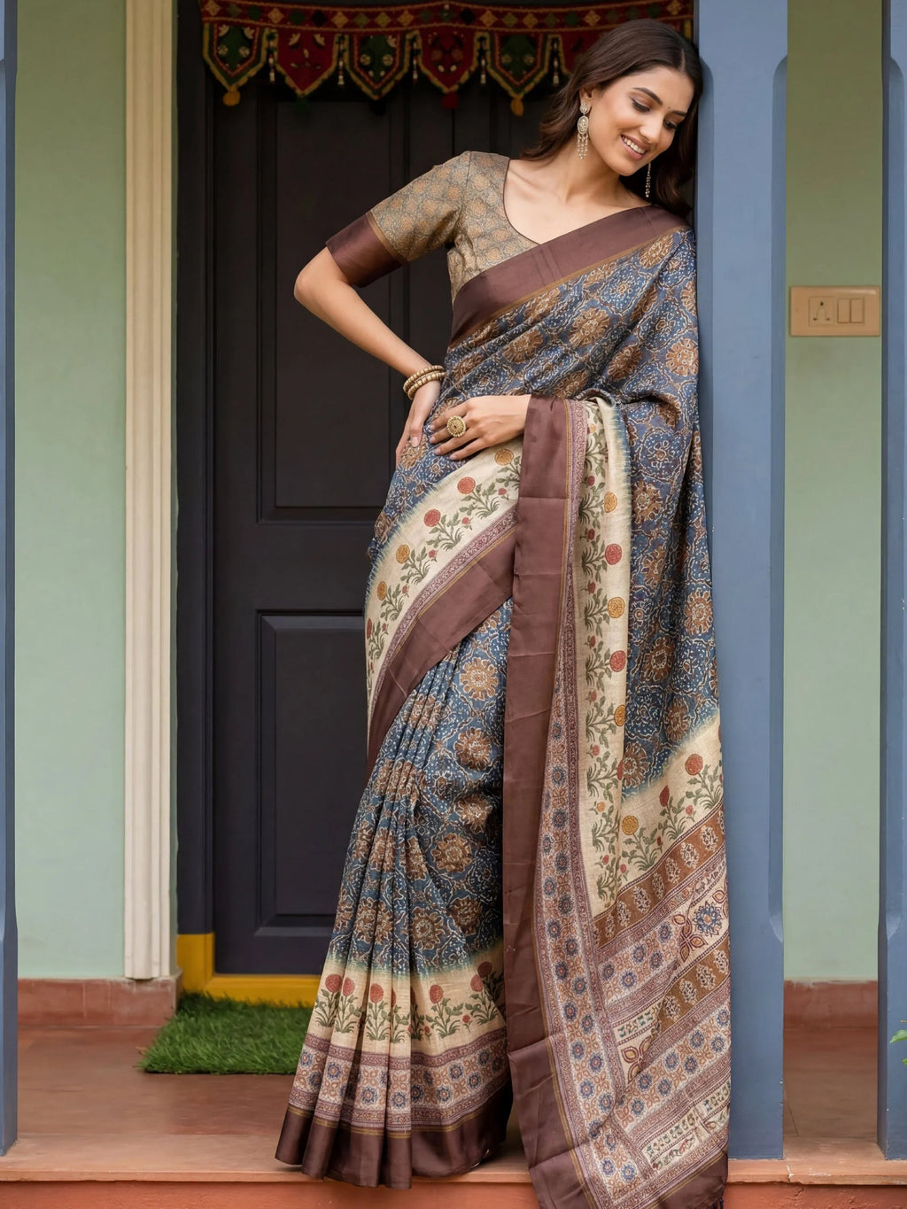 Blue Bewitching Digital Printed Silk Traditional Saree With Blouse