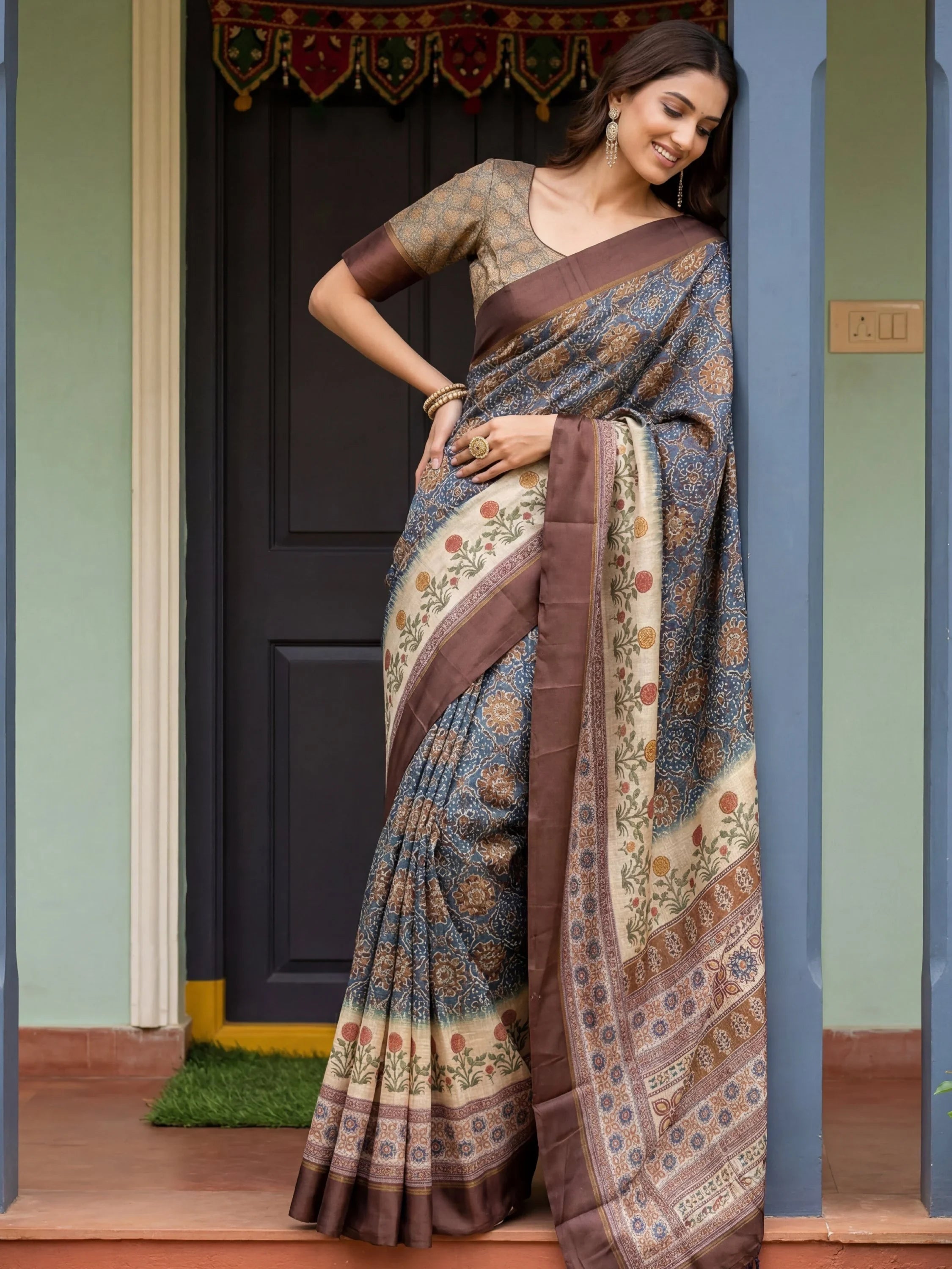 Blue Bewitching Digital Printed Silk Traditional Saree With Blouse