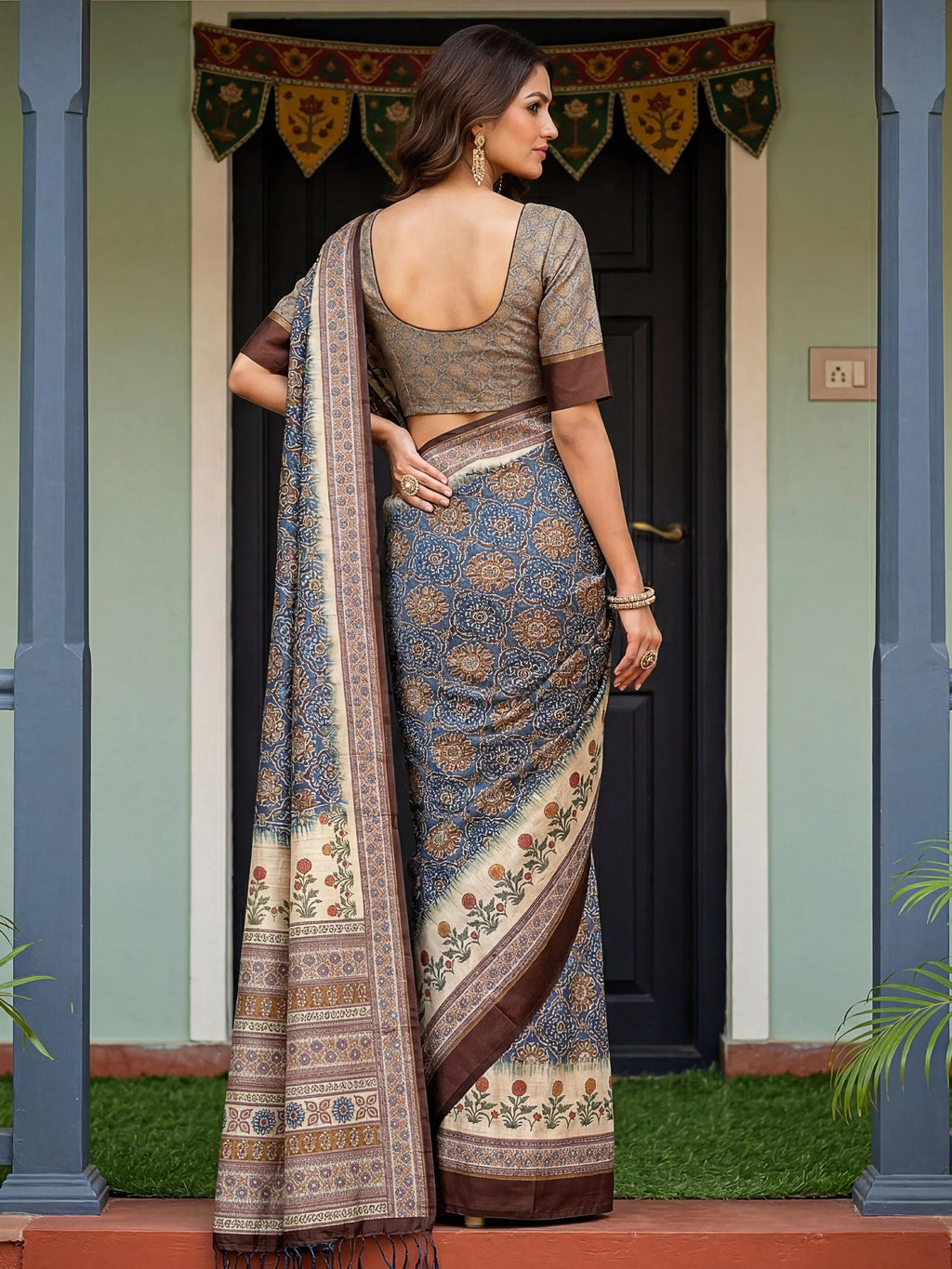 Blue Bewitching Digital Printed Silk Traditional Saree With Blouse