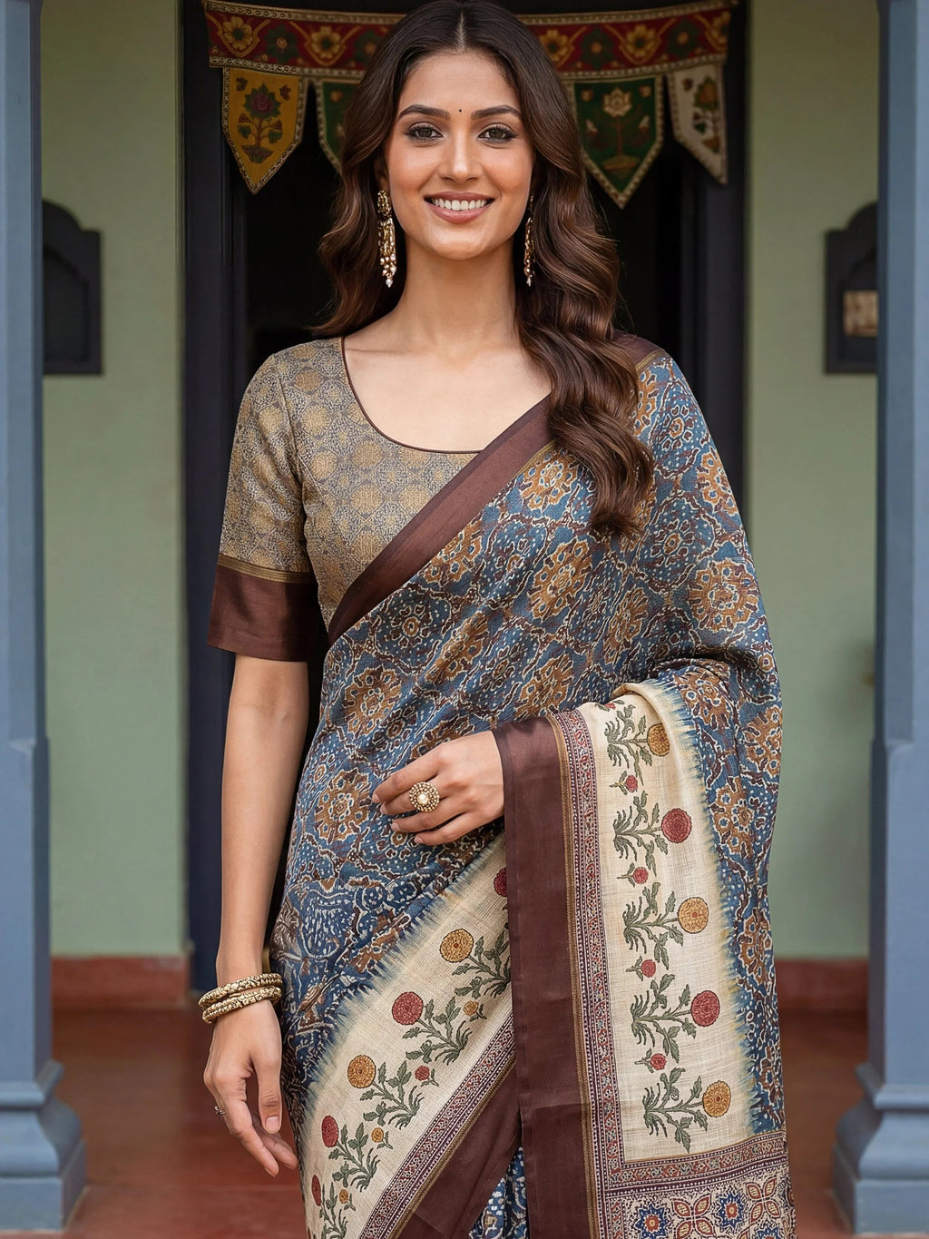 Blue Bewitching Digital Printed Silk Traditional Saree With Blouse