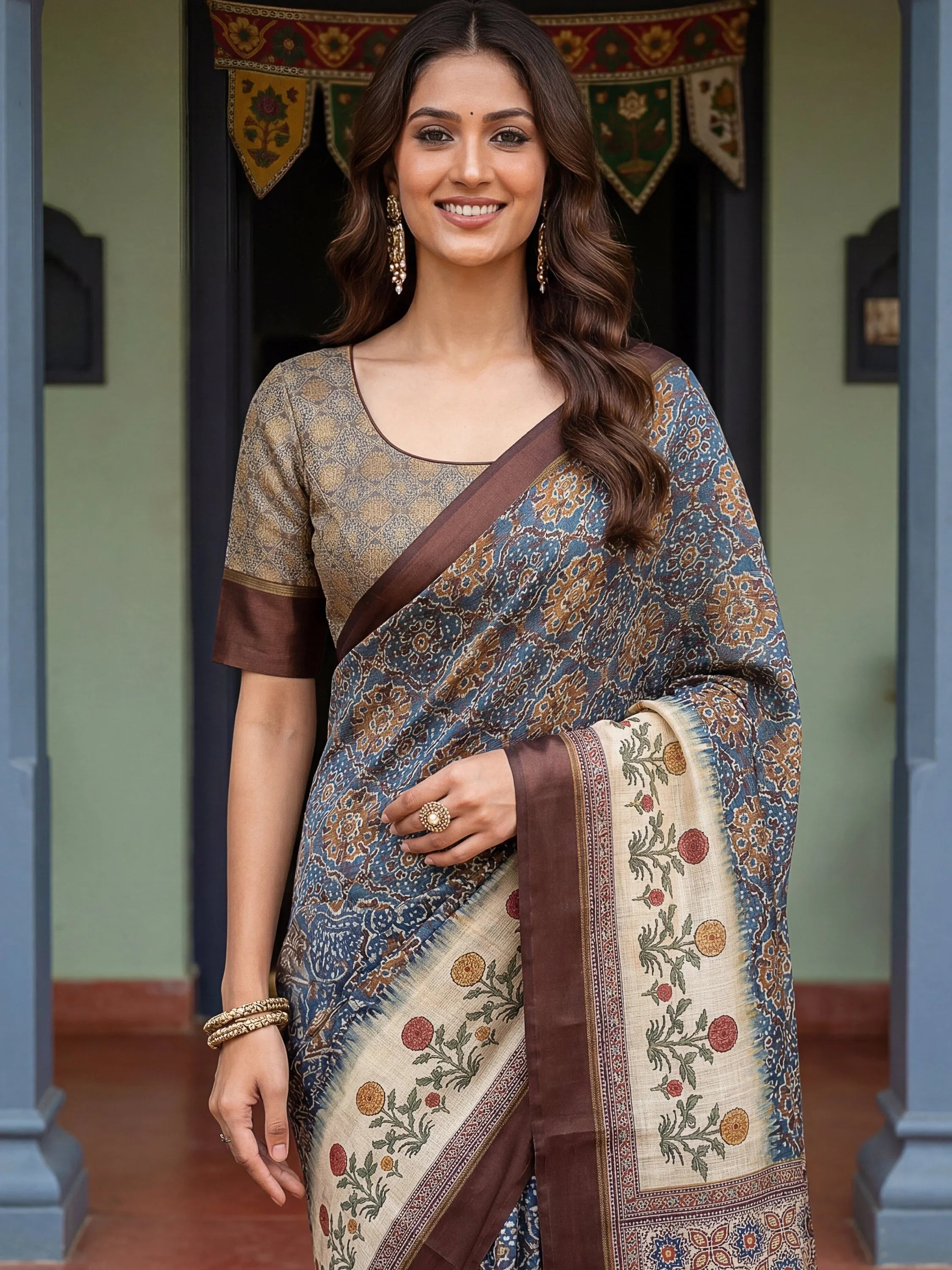 Blue Bewitching Digital Printed Silk Traditional Saree With Blouse