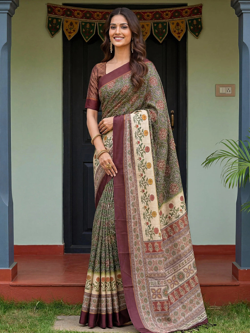 Green Bewitching Digital Printed Silk Traditional Saree With Blouse
