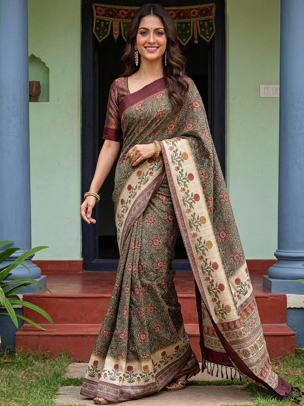 Green Bewitching Digital Printed Silk Traditional Saree With Blouse