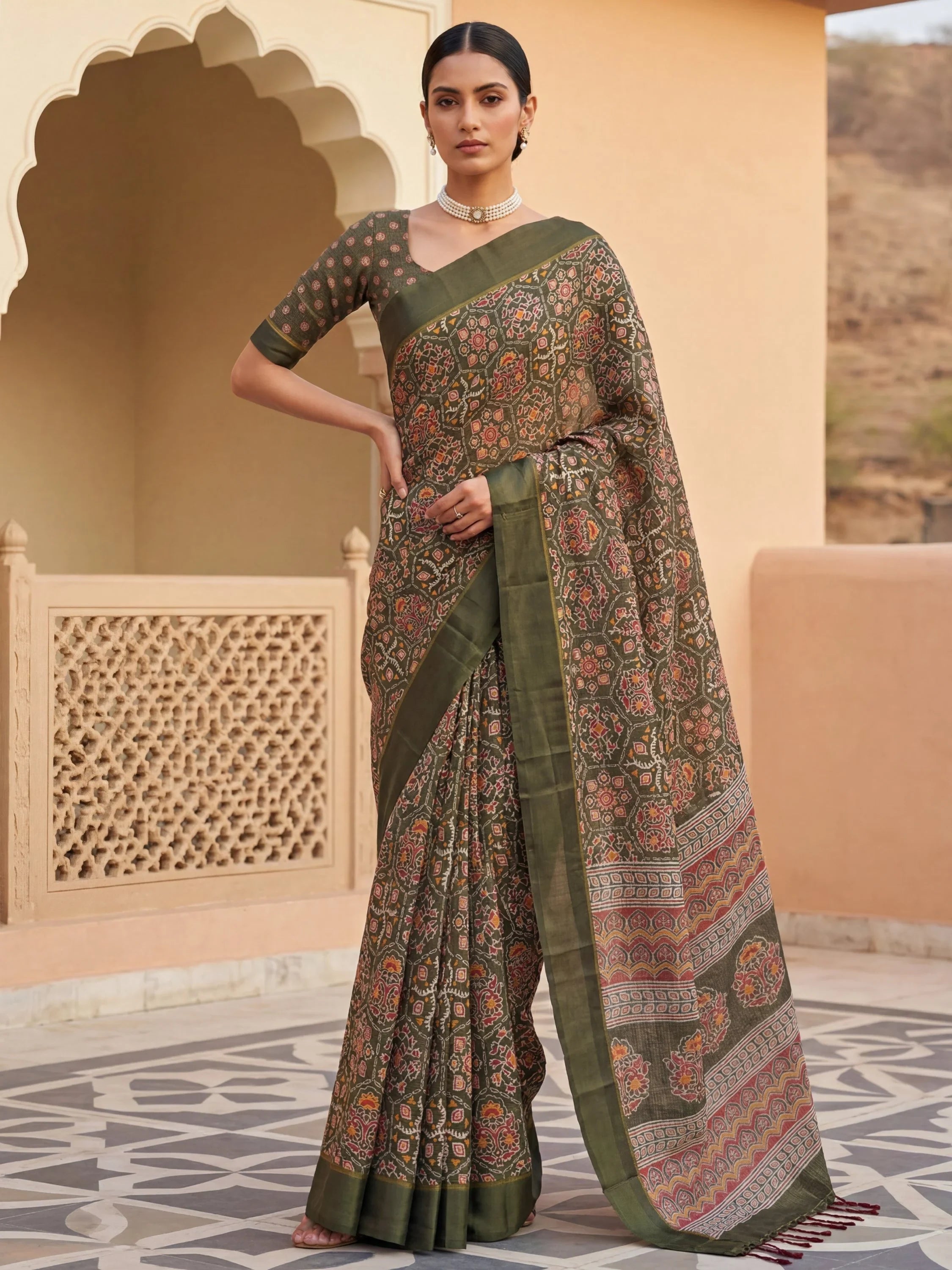 Olive Glorious Printed Silk Wedding Wear Saree With Blouse