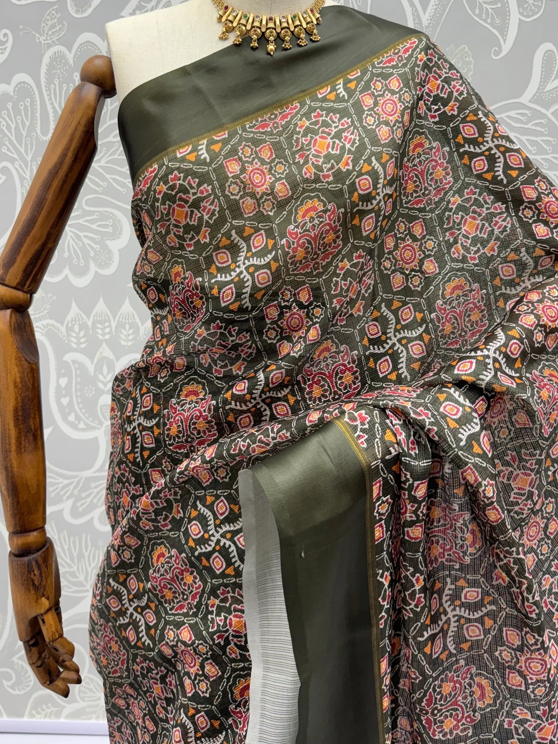 Olive Glorious Printed Silk Wedding Wear Saree With Blouse