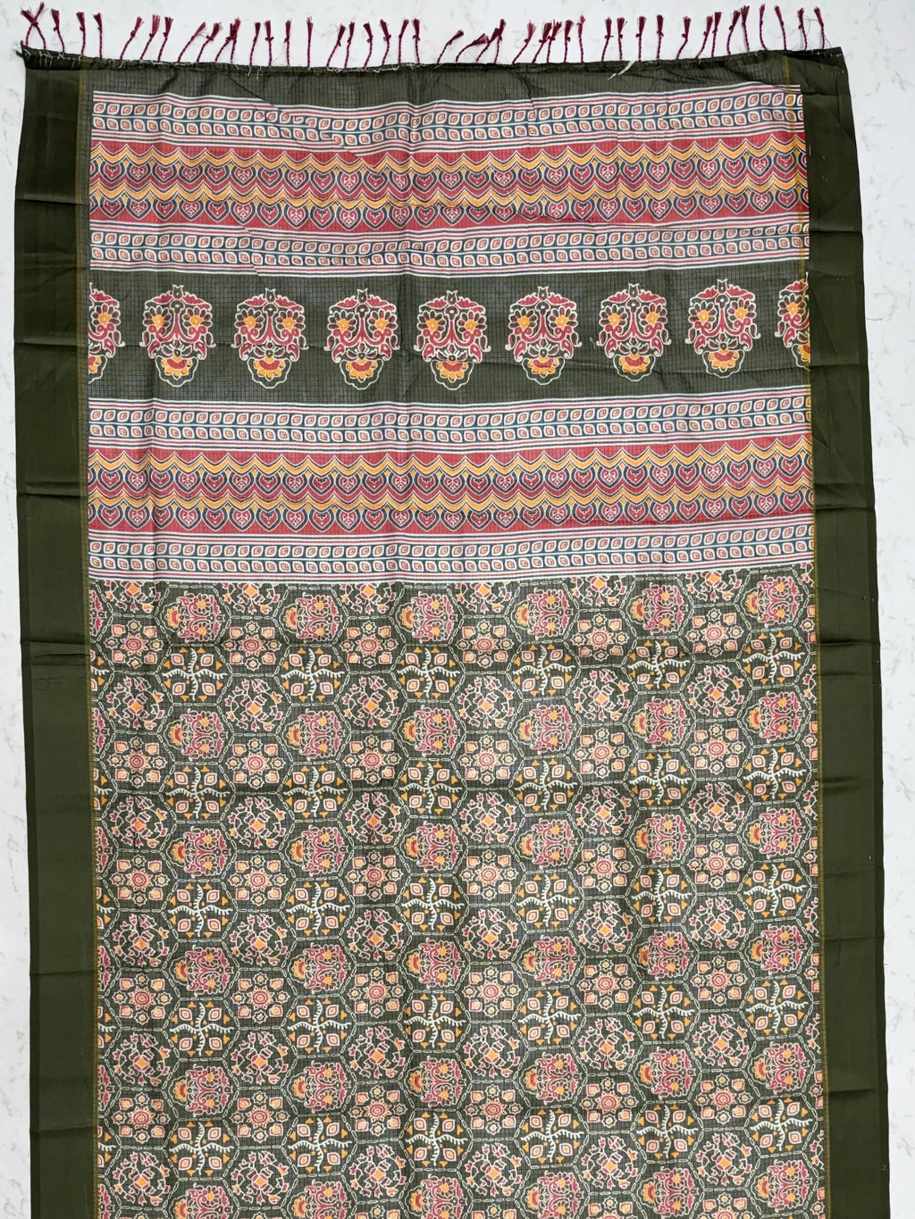 Olive Glorious Printed Silk Wedding Wear Saree With Blouse