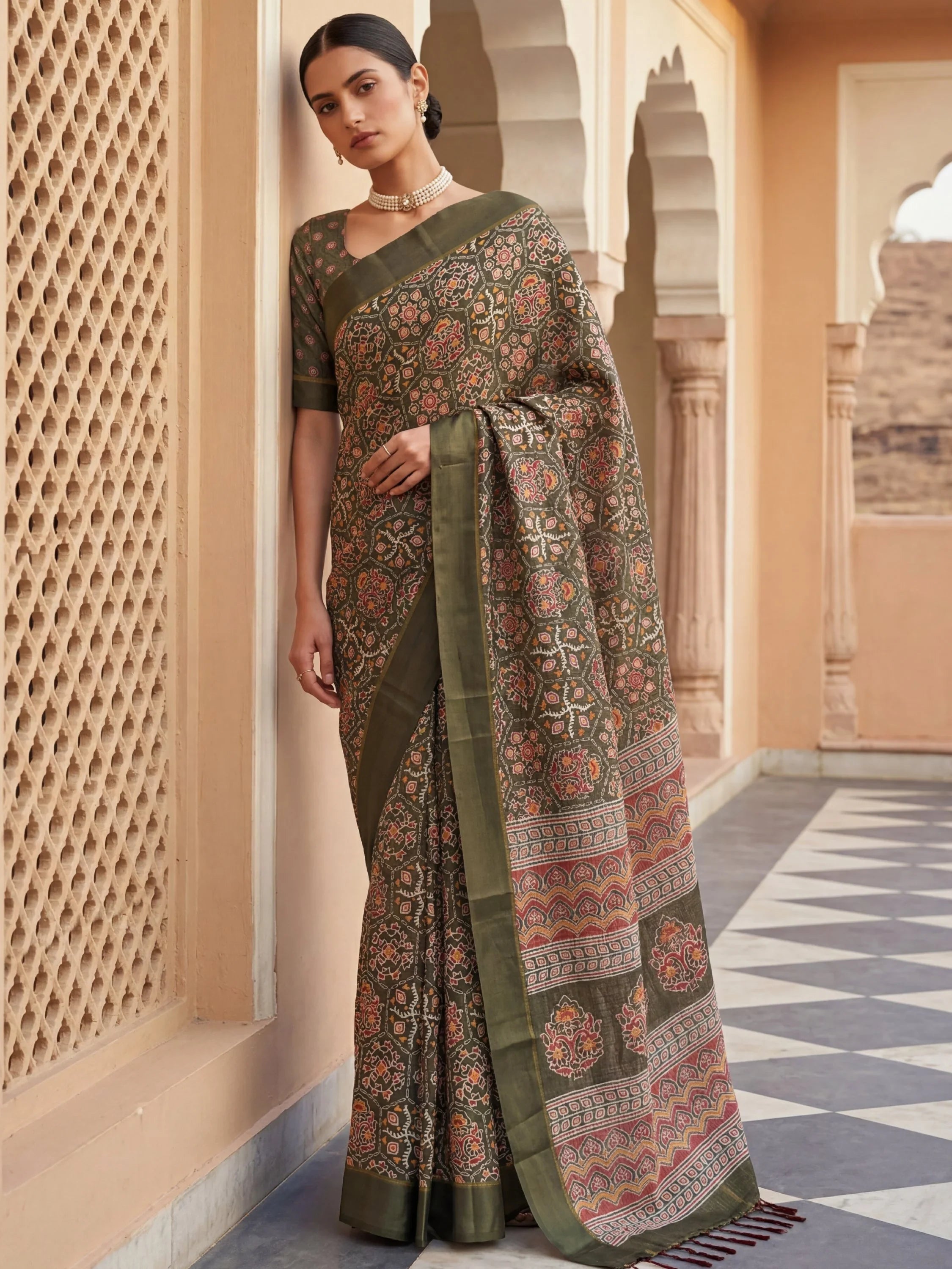 Olive Glorious Printed Silk Wedding Wear Saree With Blouse