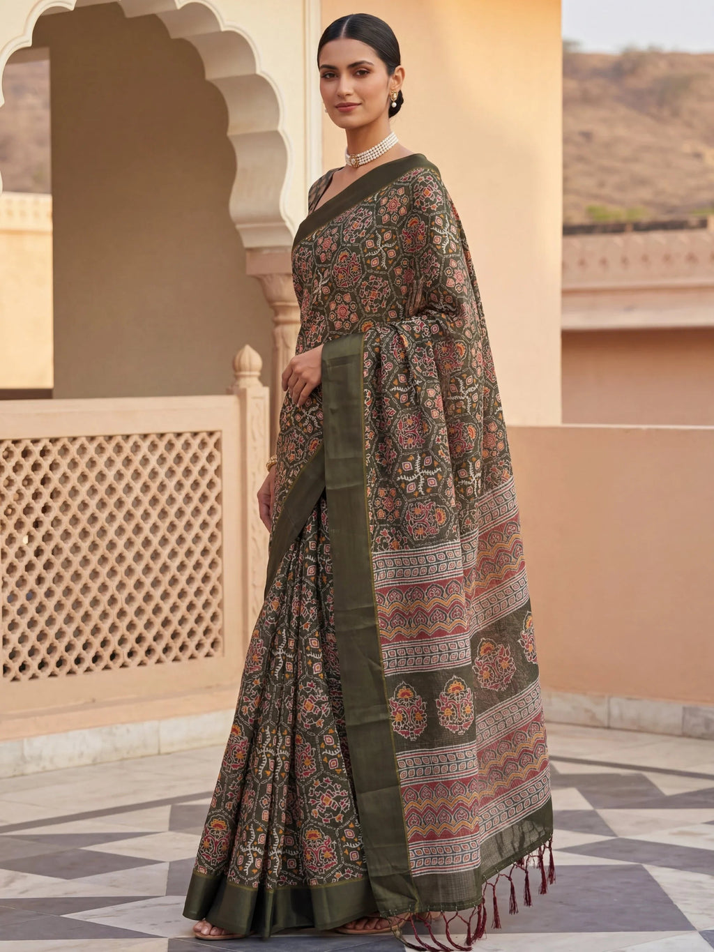 Olive Glorious Printed Silk Wedding Wear Saree With Blouse