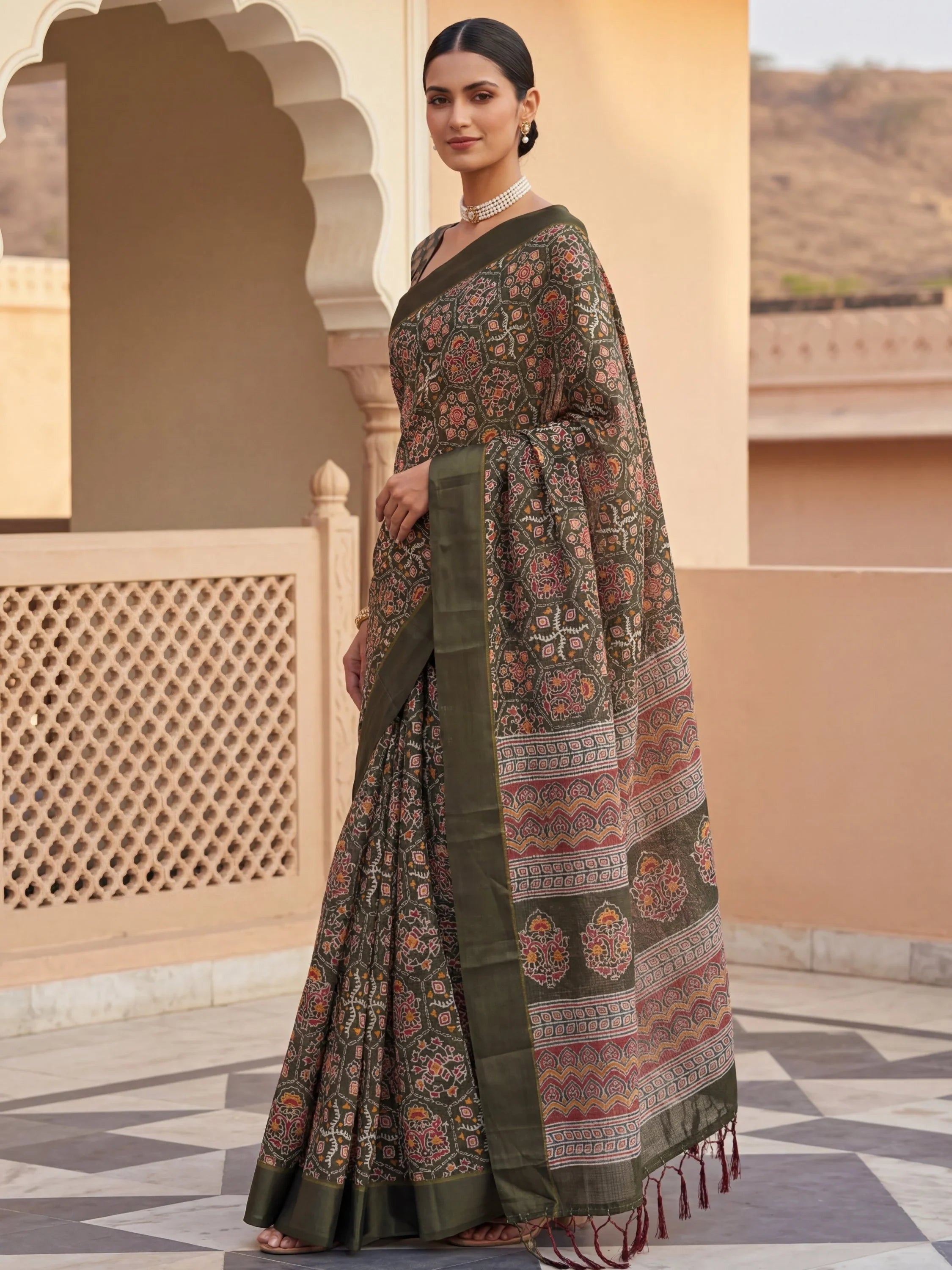 Olive Glorious Printed Silk Wedding Wear Saree With Blouse