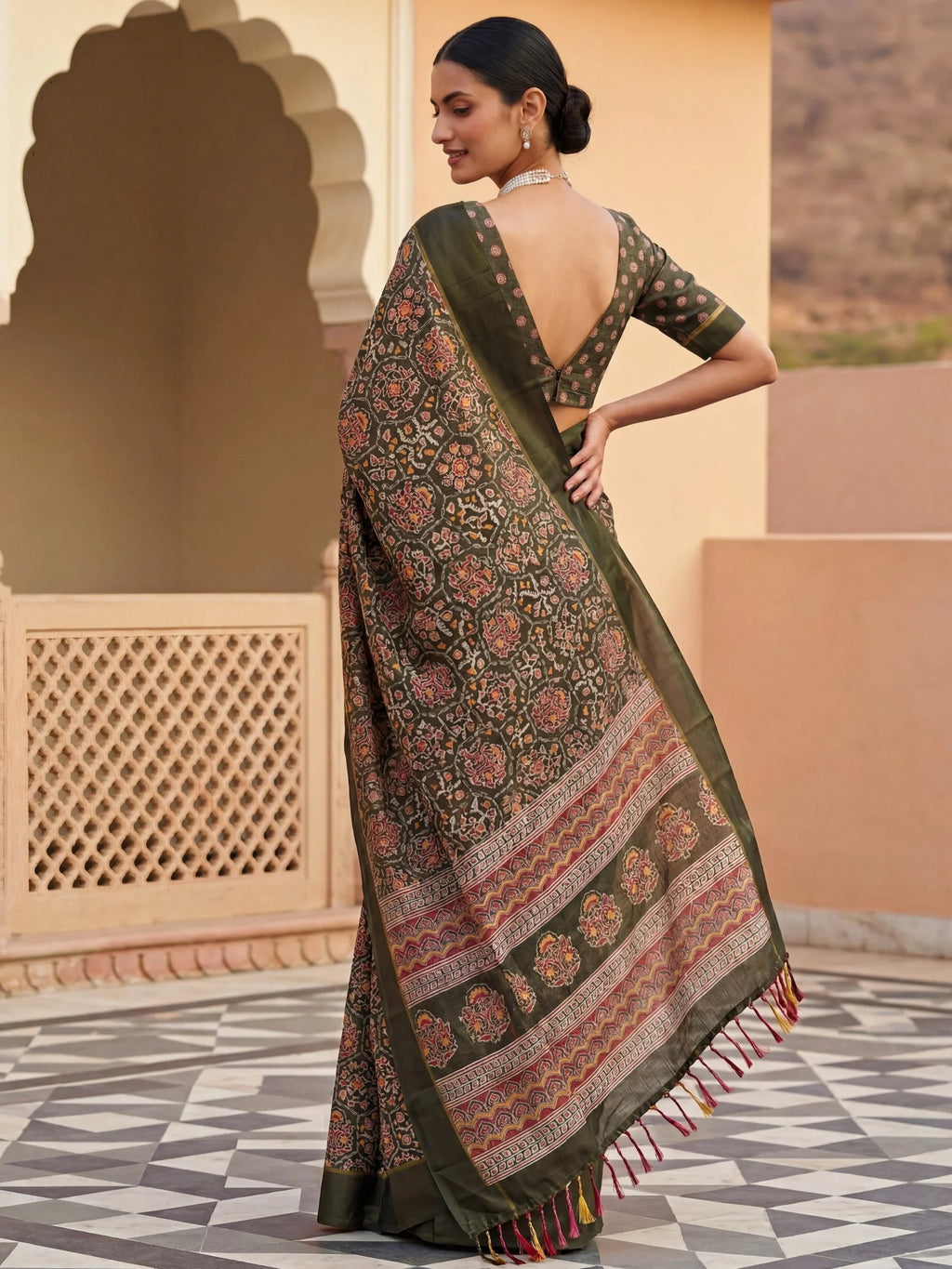 Olive Glorious Printed Silk Wedding Wear Saree With Blouse