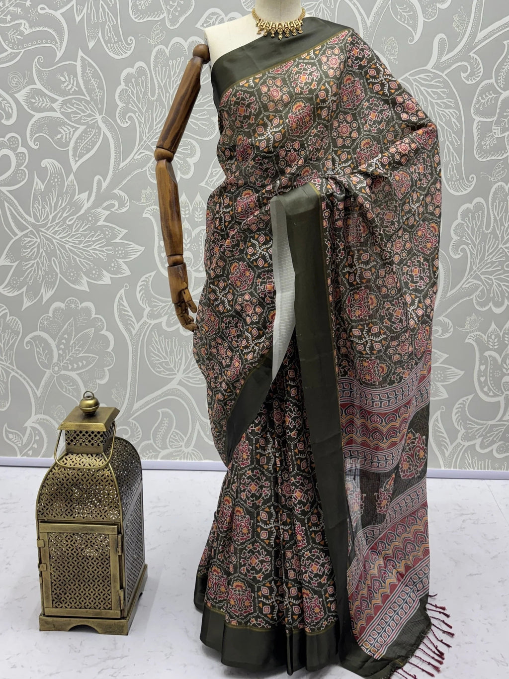 Olive Glorious Printed Silk Wedding Wear Saree With Blouse