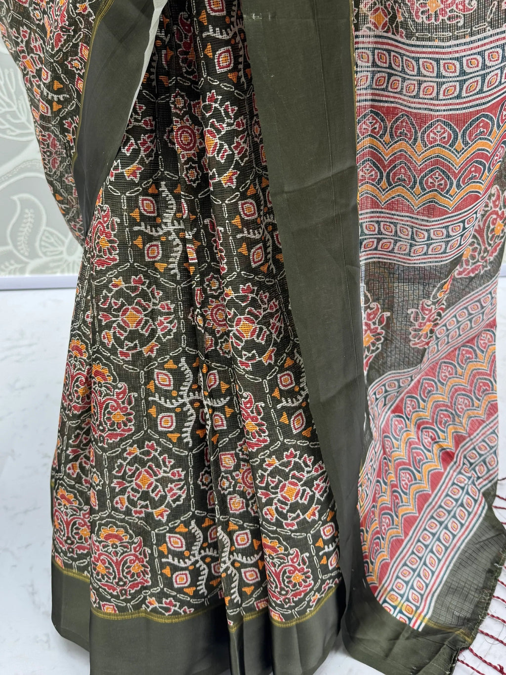 Olive Glorious Printed Silk Wedding Wear Saree With Blouse