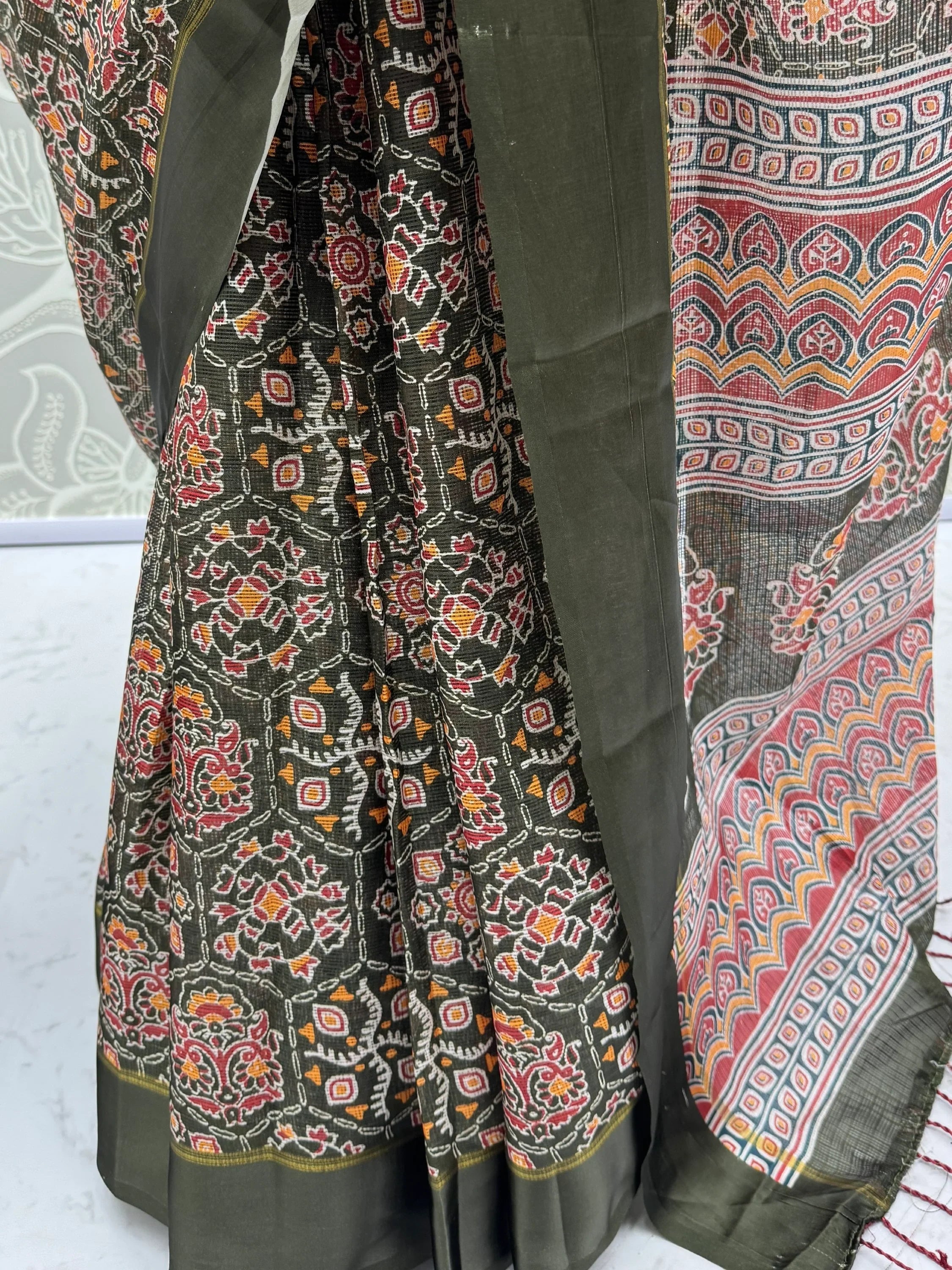 Olive Glorious Printed Silk Wedding Wear Saree With Blouse