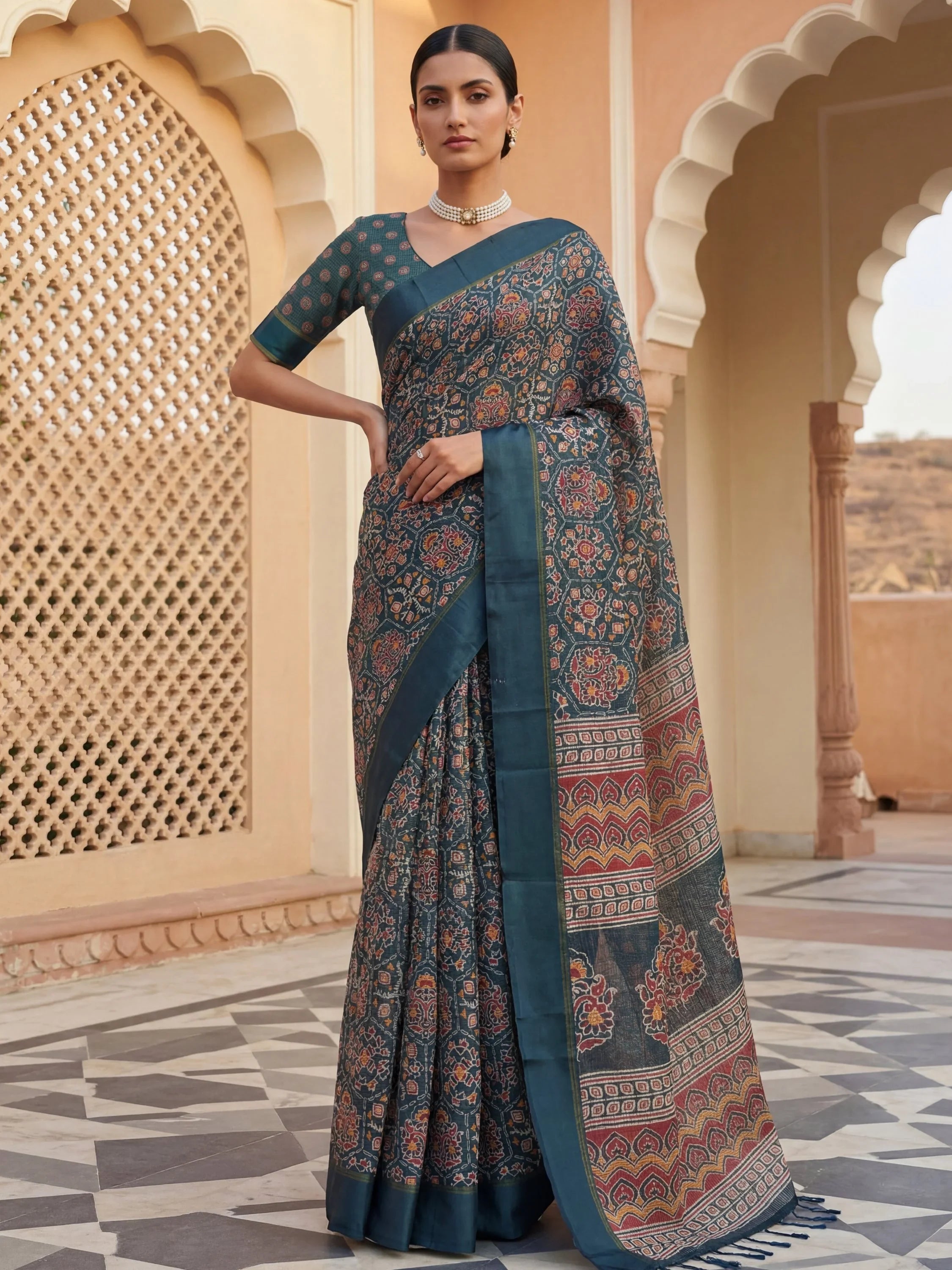 Teal Glorious Printed Silk Wedding Wear Saree With Blouse