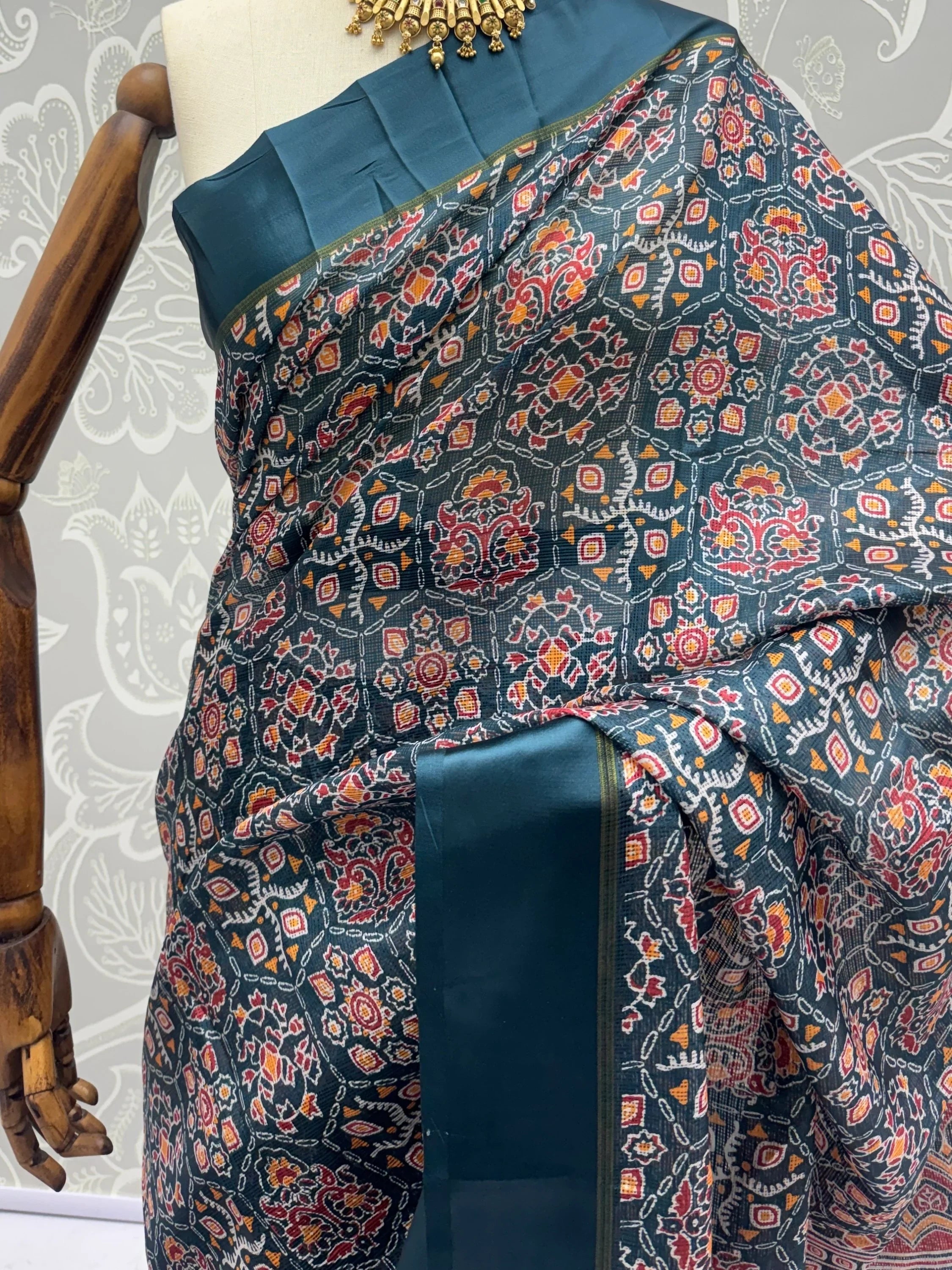 Teal Glorious Printed Silk Wedding Wear Saree With Blouse