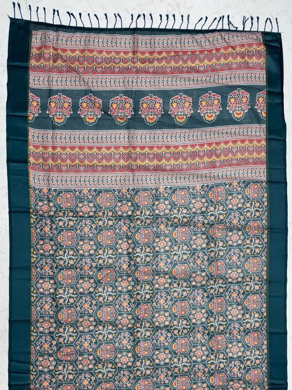 Teal Glorious Printed Silk Wedding Wear Saree With Blouse