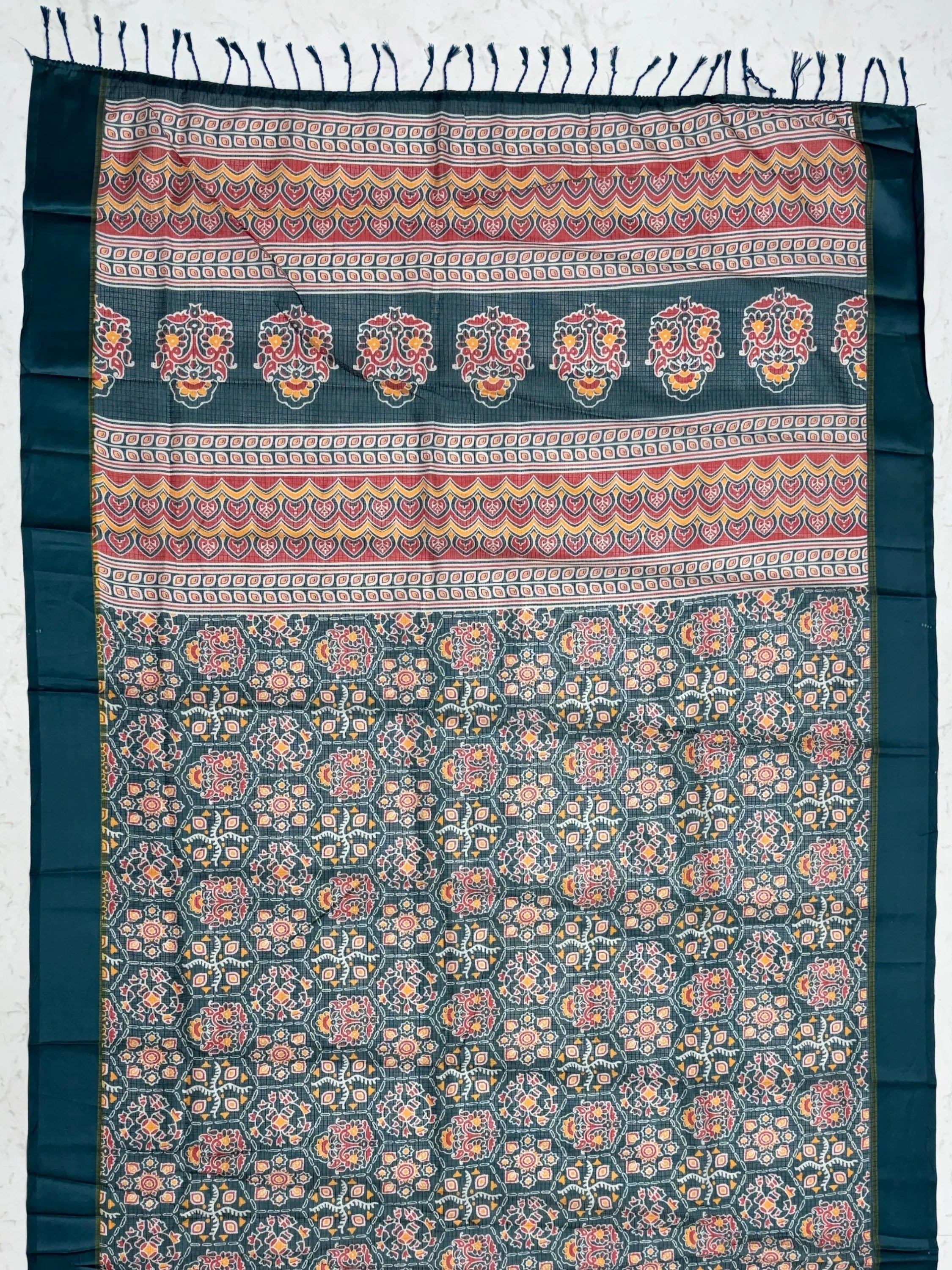 Teal Glorious Printed Silk Wedding Wear Saree With Blouse