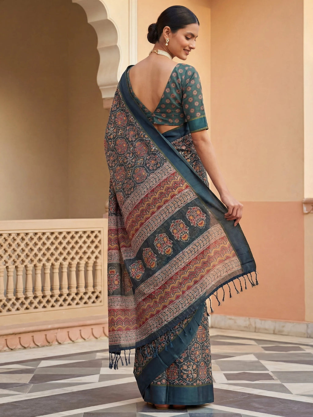 Teal Glorious Printed Silk Wedding Wear Saree With Blouse