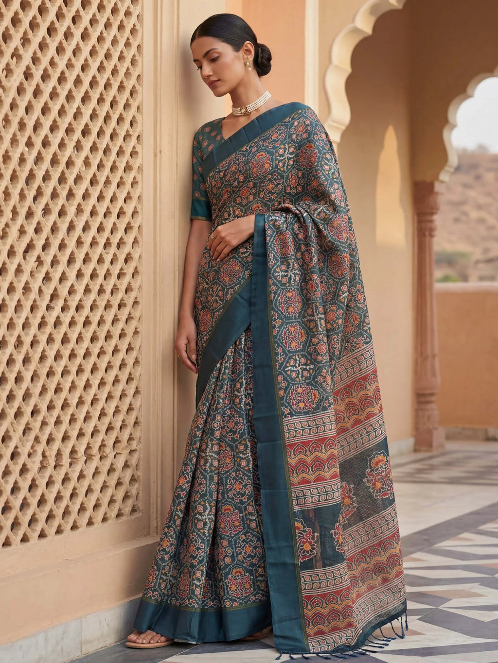 Teal Glorious Printed Silk Wedding Wear Saree With Blouse