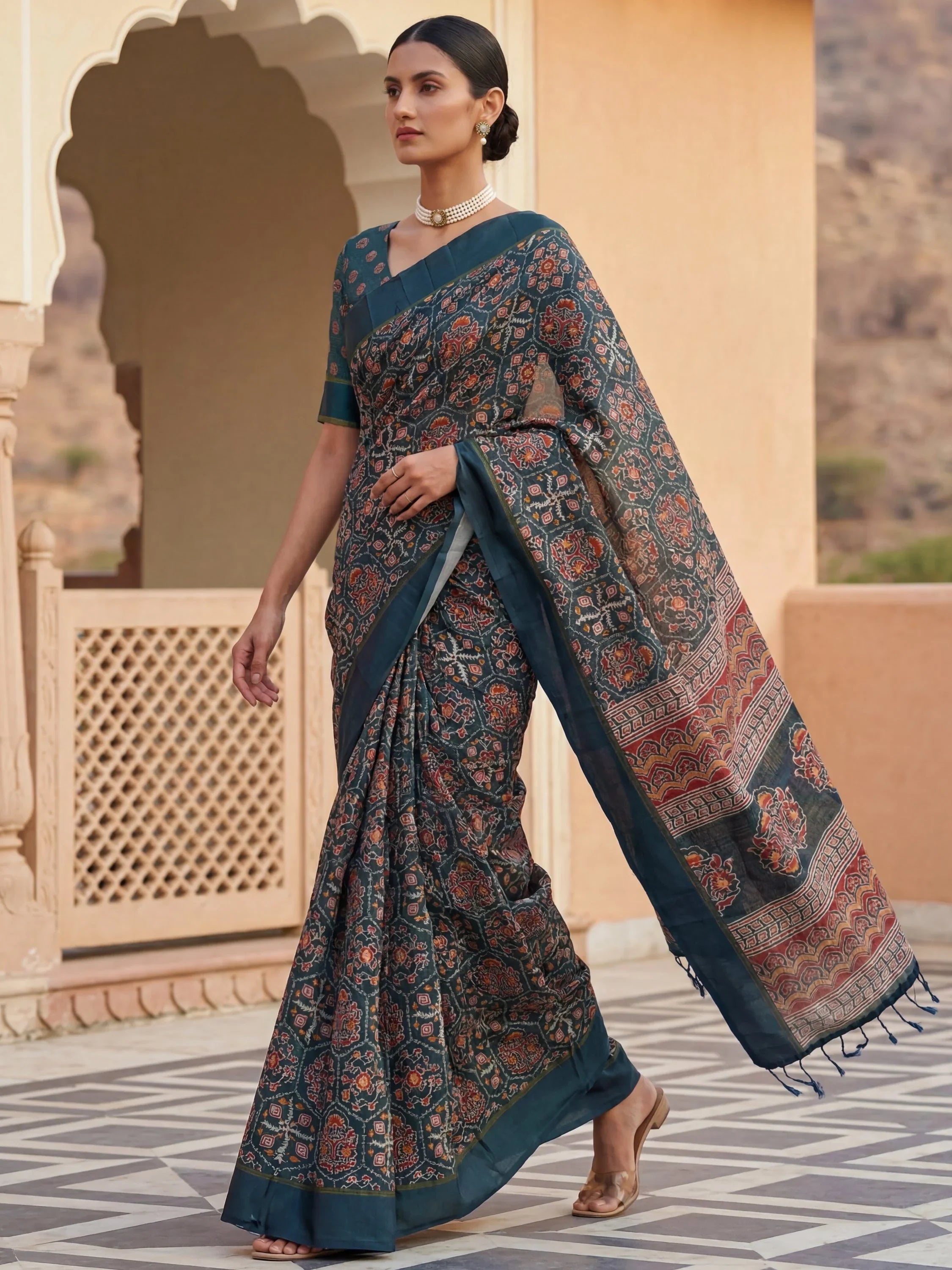 Teal Glorious Printed Silk Wedding Wear Saree With Blouse