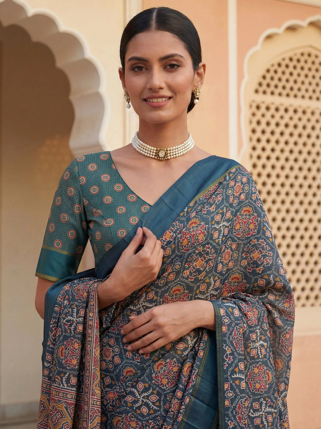 Teal Glorious Printed Silk Wedding Wear Saree With Blouse