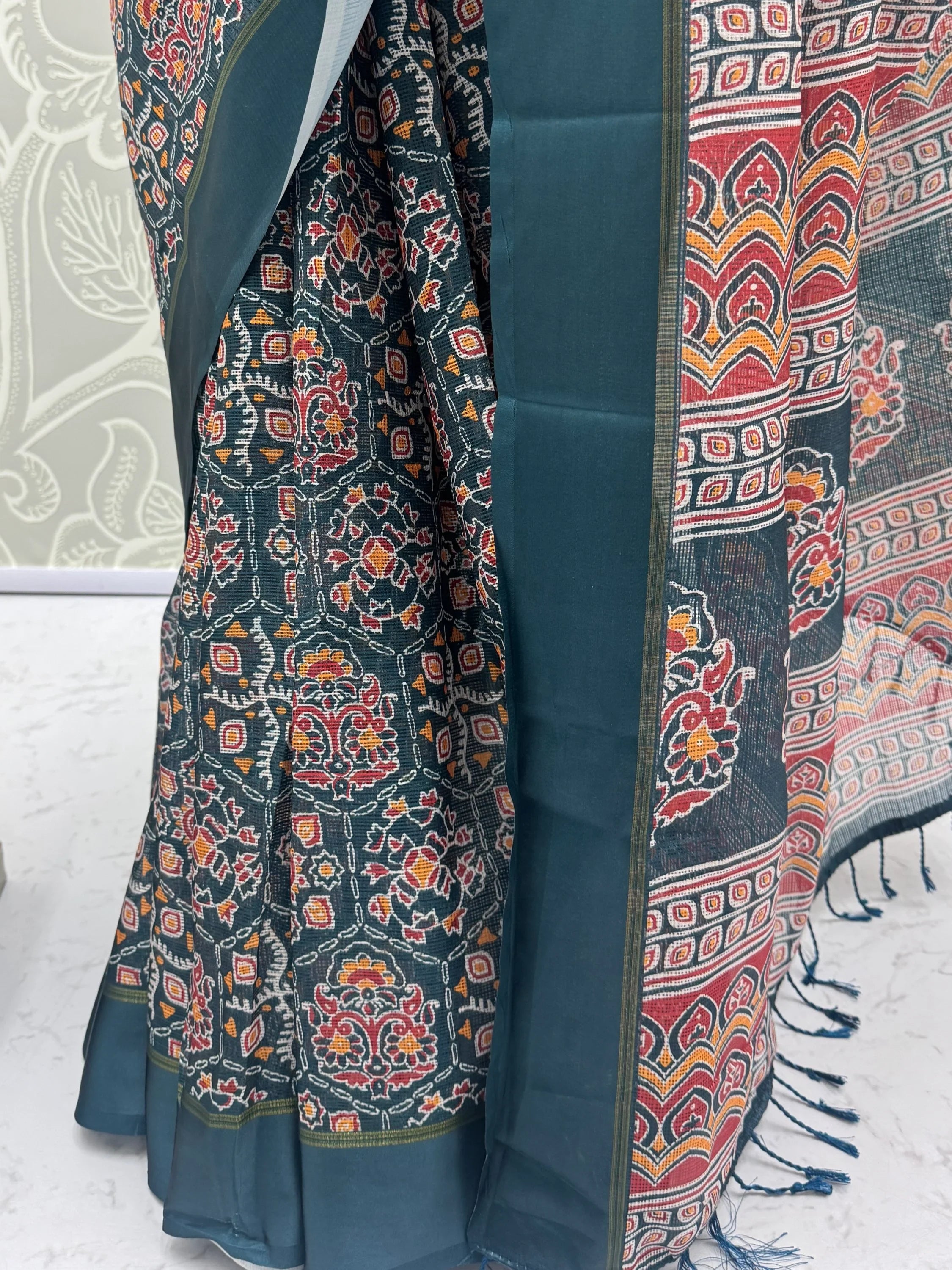 Teal Glorious Printed Silk Wedding Wear Saree With Blouse