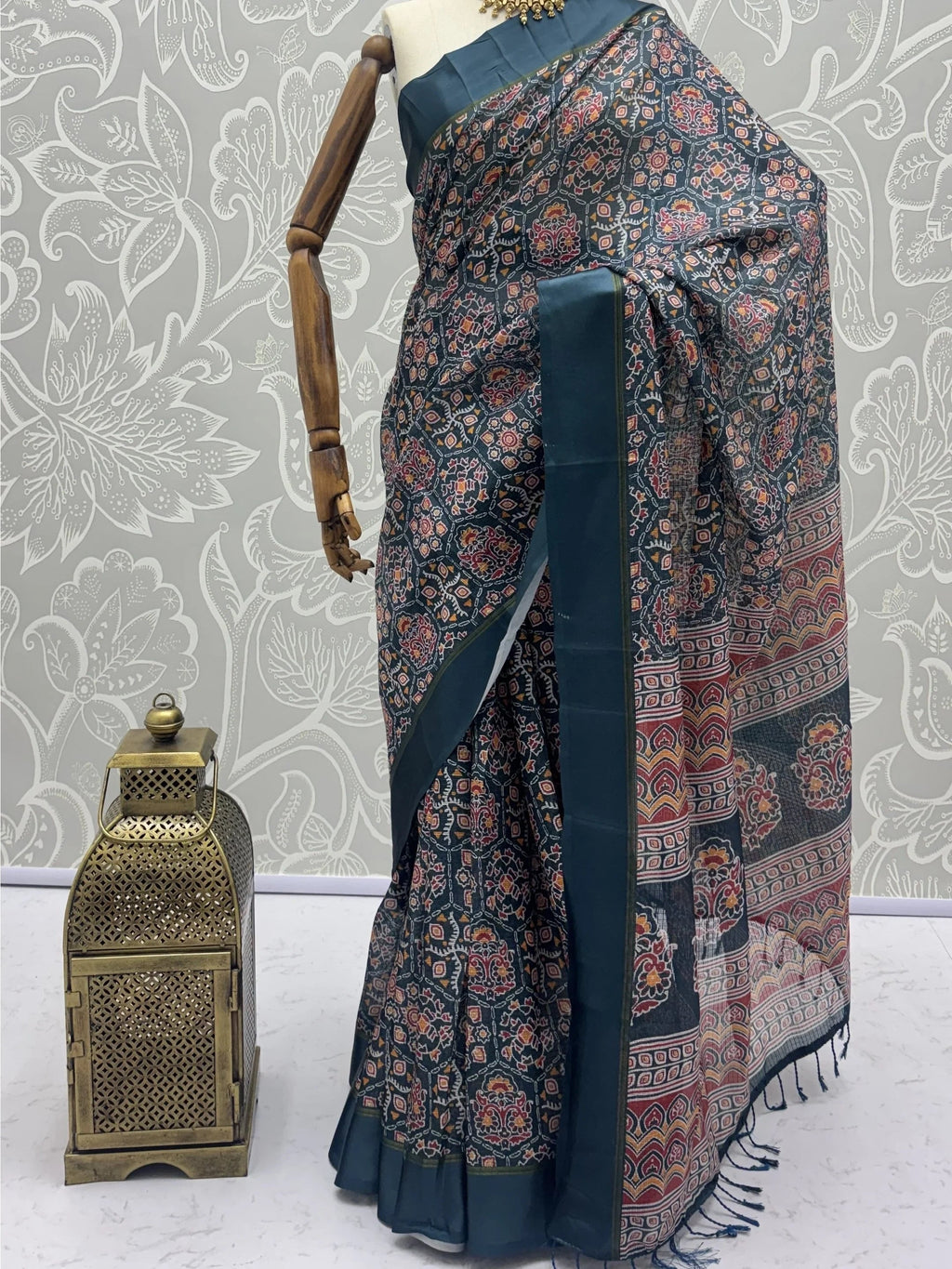Teal Glorious Printed Silk Wedding Wear Saree With Blouse