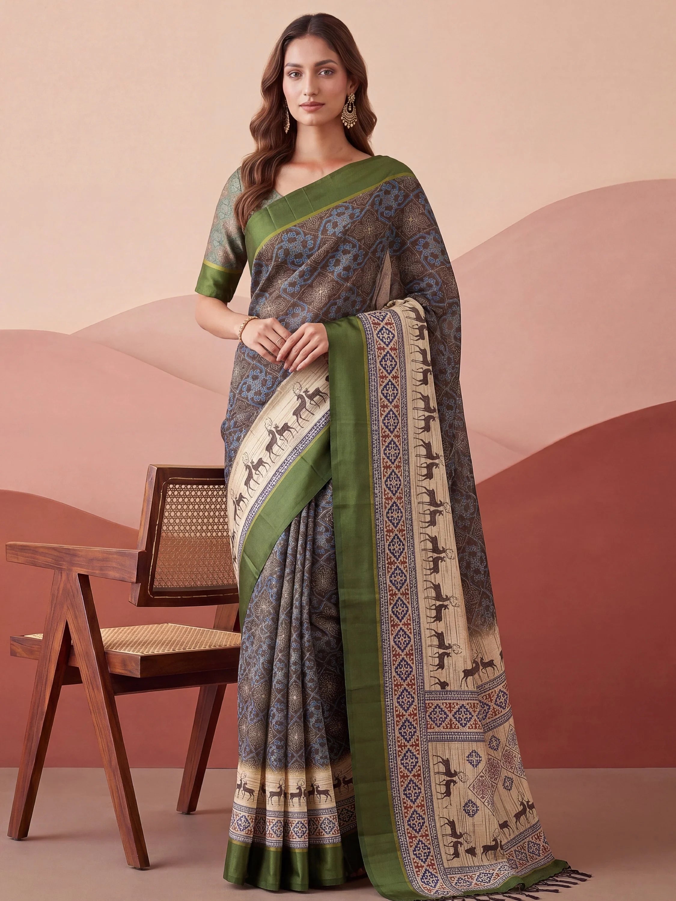 Green Graceful Digital Printed Silk Traditional Saree With Blouse