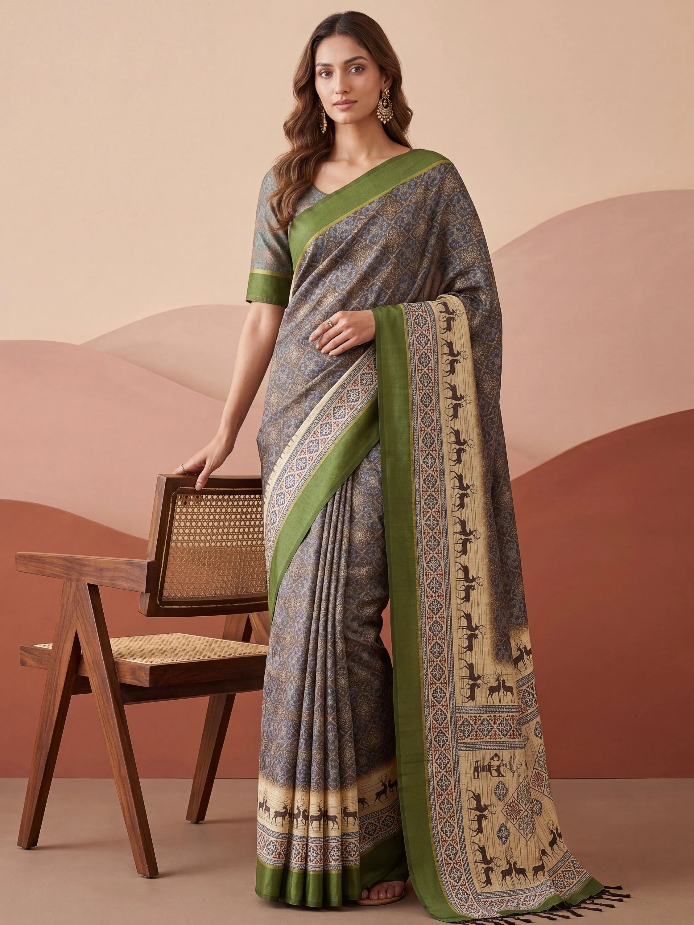 Green Graceful Digital Printed Silk Traditional Saree With Blouse