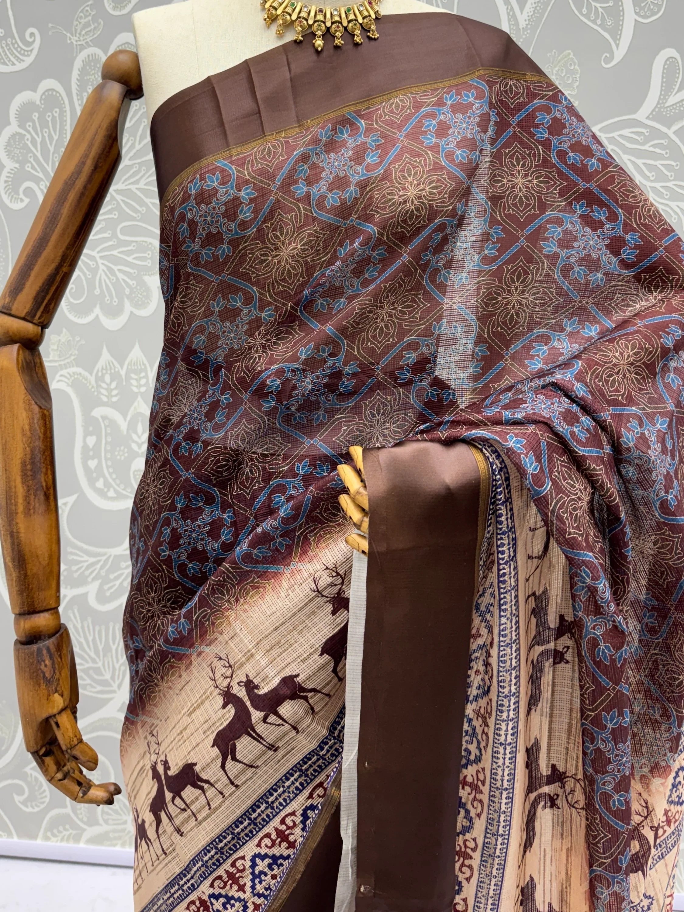 Brown Graceful Digital Printed Silk Traditional Saree With Blouse