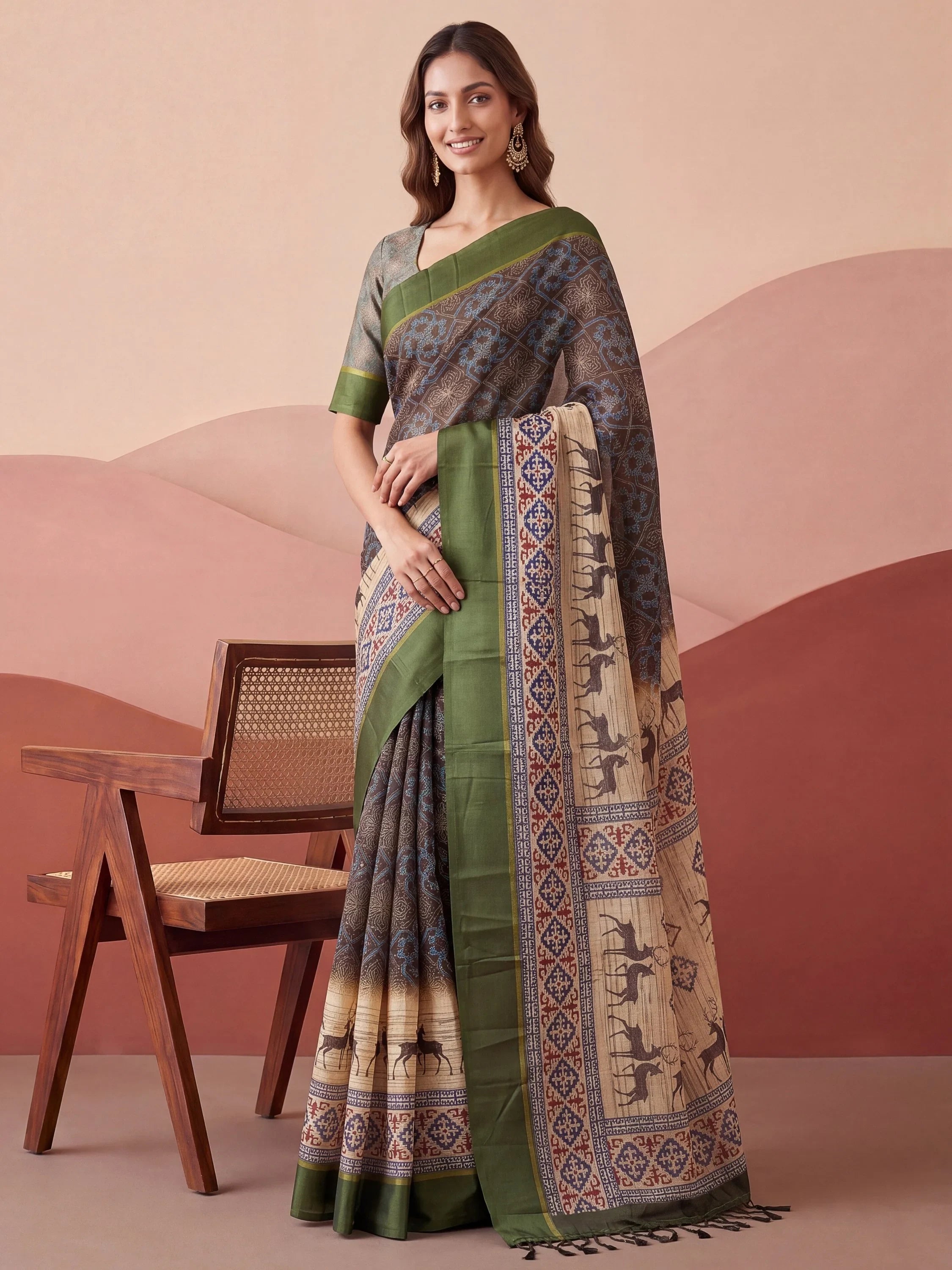 Green Graceful Digital Printed Silk Traditional Saree With Blouse