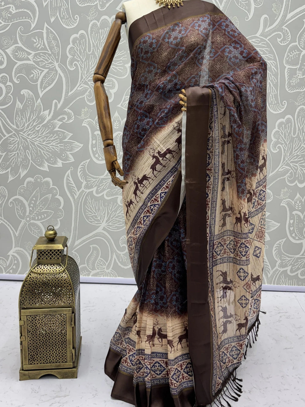 Brown Graceful Digital Printed Silk Traditional Saree With Blouse