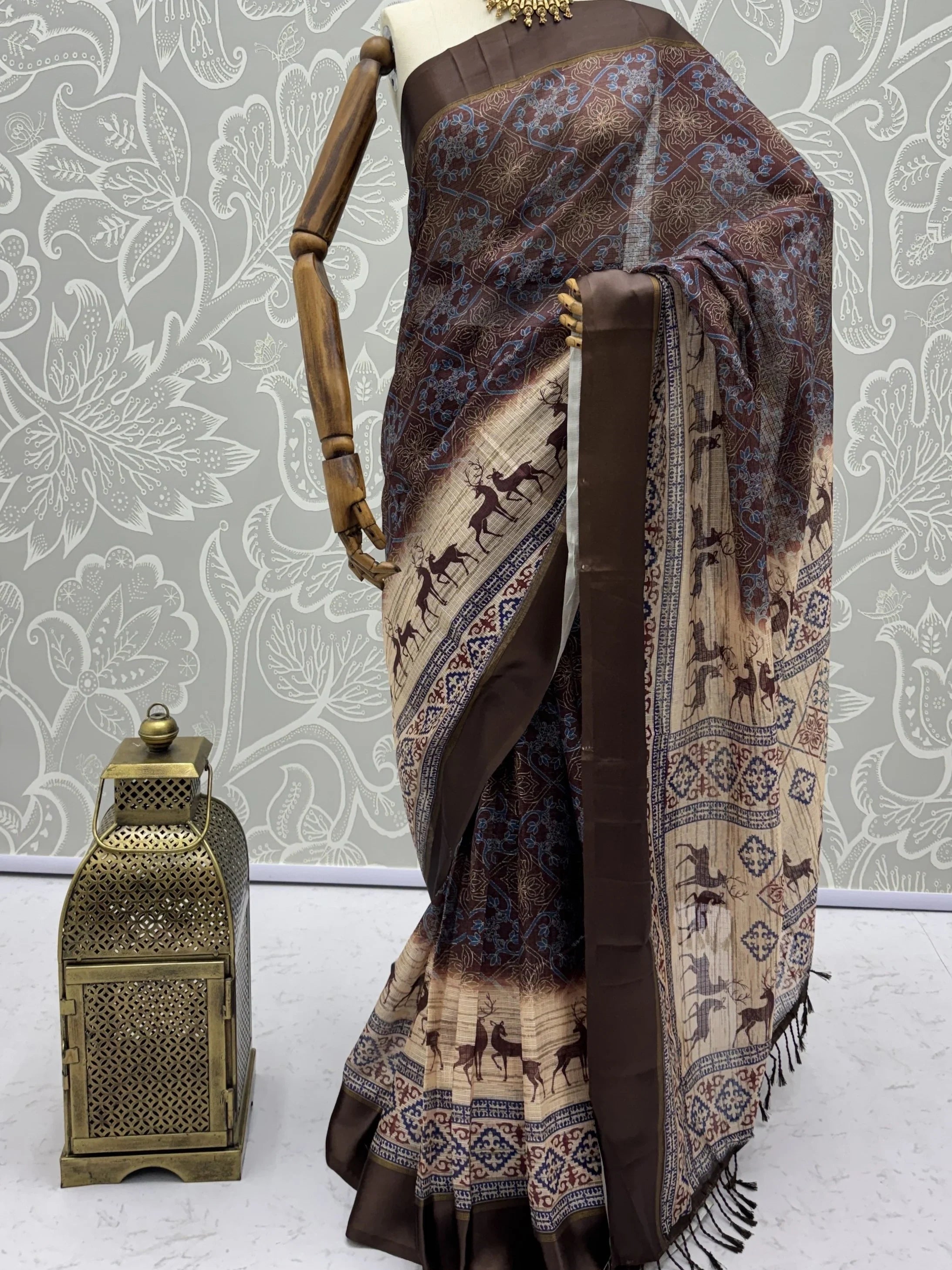Brown Graceful Digital Printed Silk Traditional Saree With Blouse
