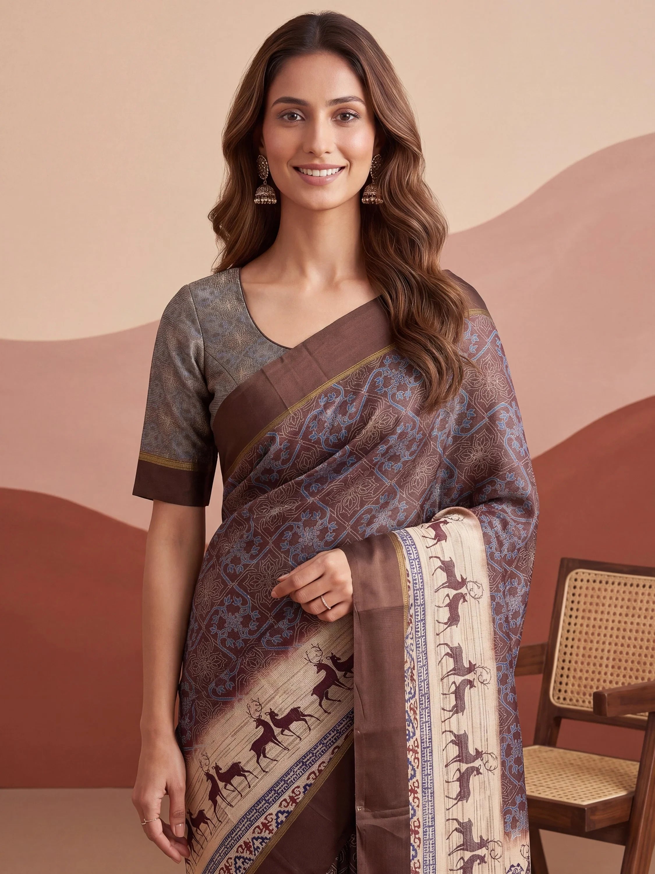 Brown Graceful Digital Printed Silk Traditional Saree With Blouse